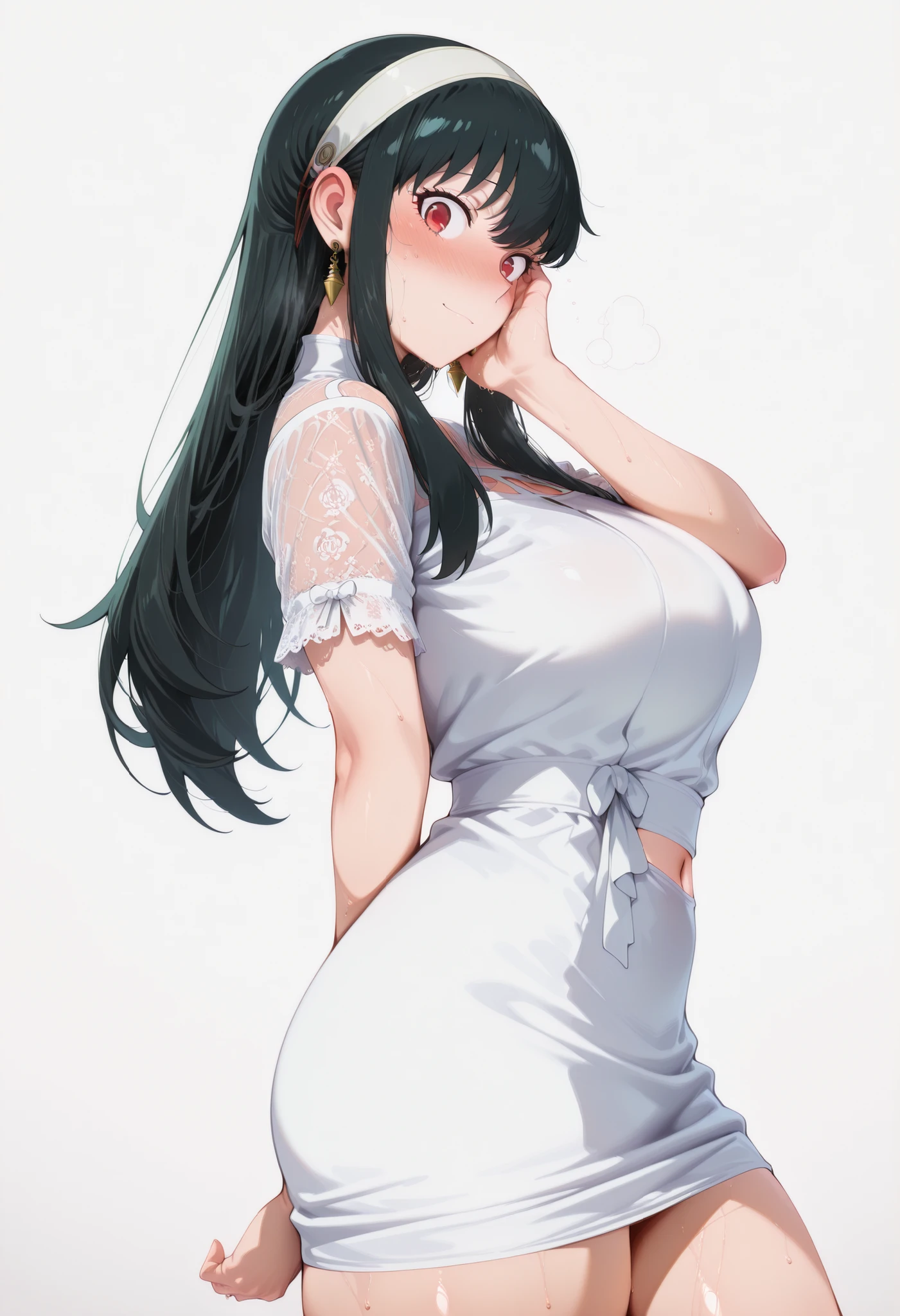 score_9, score_8_up, score_7_up, score_6_up, score_5_up, score_4_up, masterpiece, high quality, yor briar, black hair, red eyes, earrings, white hairband, hairband, long hair, sidelocks, large breasts, shiny skin, shiny hair, shiny body, clear body, large breasts, nose blush, sweat, sweaty, sweaty:1.3,, standing, nice legs,, looking at viewer, thick thigh, thick thighs, nice face, solo, opaque clothes, cowboy shot, nice legs, DYNAMIC POse, , solo, large breasts, thick thigh, dynamic pose, navel ,midriff,,, LOOKING AT VIEWER, WHITE BACKGROUND, EMPTY BACKGROUND, soft smile,, DYNAMIC POSE,  large breasts , looking at viewer, one hand behind on her, one hand on face, view from side, side pose, side looking, side view,short dress, lace sleeves