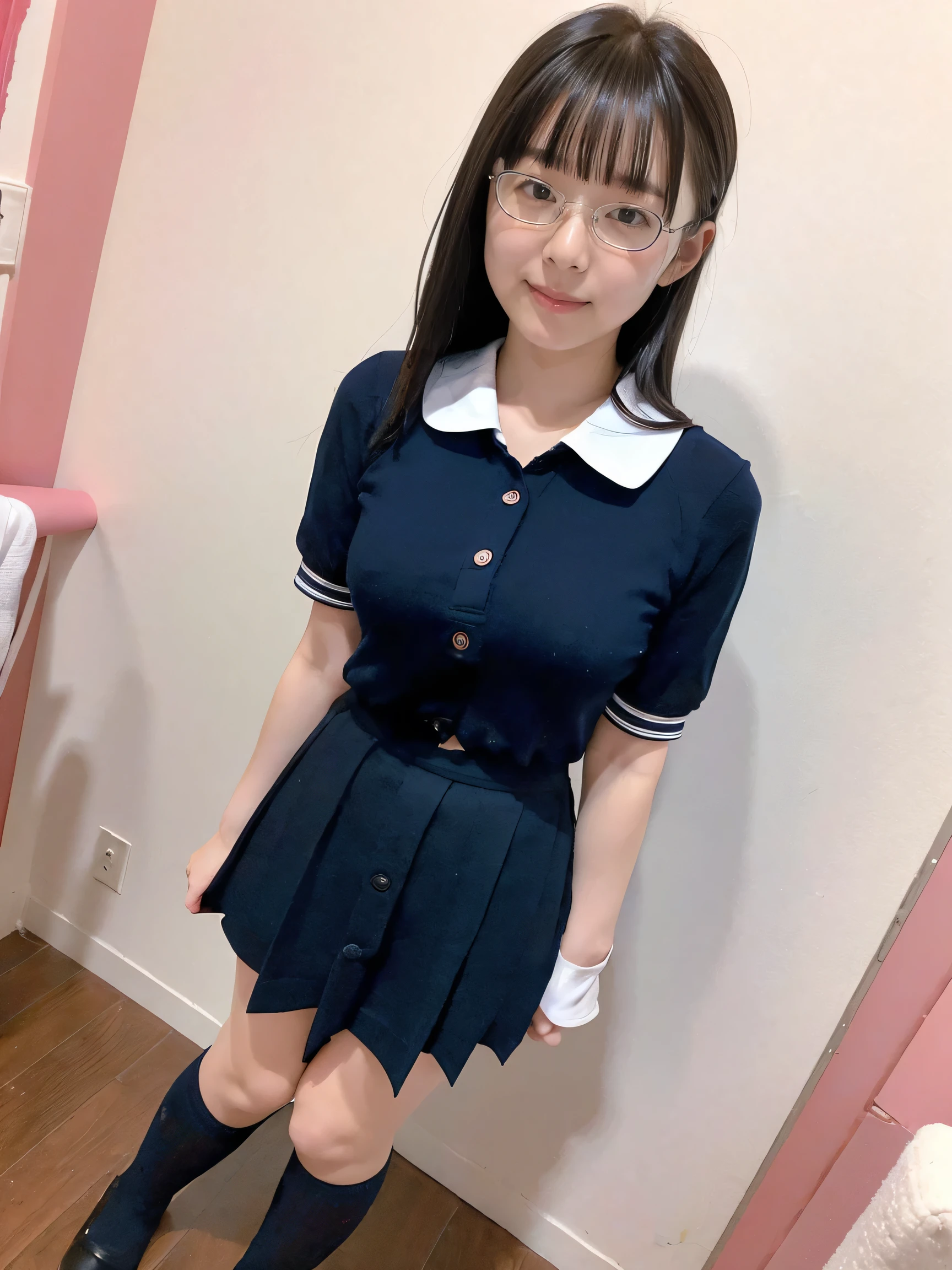 (8ＫLive Shooting, medium quality, masterpiece:1.2),  very detailed,  Super Resolution,  High Resolution RAW Color Photos  ,   professional photography , 8ＫImage Wallpaper,   Perfect Anatomy,  elegant  room, cute girl, (My skirt got torn), (Please lift the skirt yourself), Open your lips, watching the audience,  full body shot ,  medium hair, positive, Thighs, feet , Show your crotch, smile, skirt flip, Button and collar dress , navy blue knee-high socks , ribbon, Cute clothes, minimal camera angle from between legs, ((front view, low angle photo:1.2)), Joy beyond words, Orgasm overload, Overwhelming Climax, Emotional Release, A cathartic experience, Unimaginable pleasure,  Unleash Primitive Desire, saggy breasts, (glasses), embarrassed expression