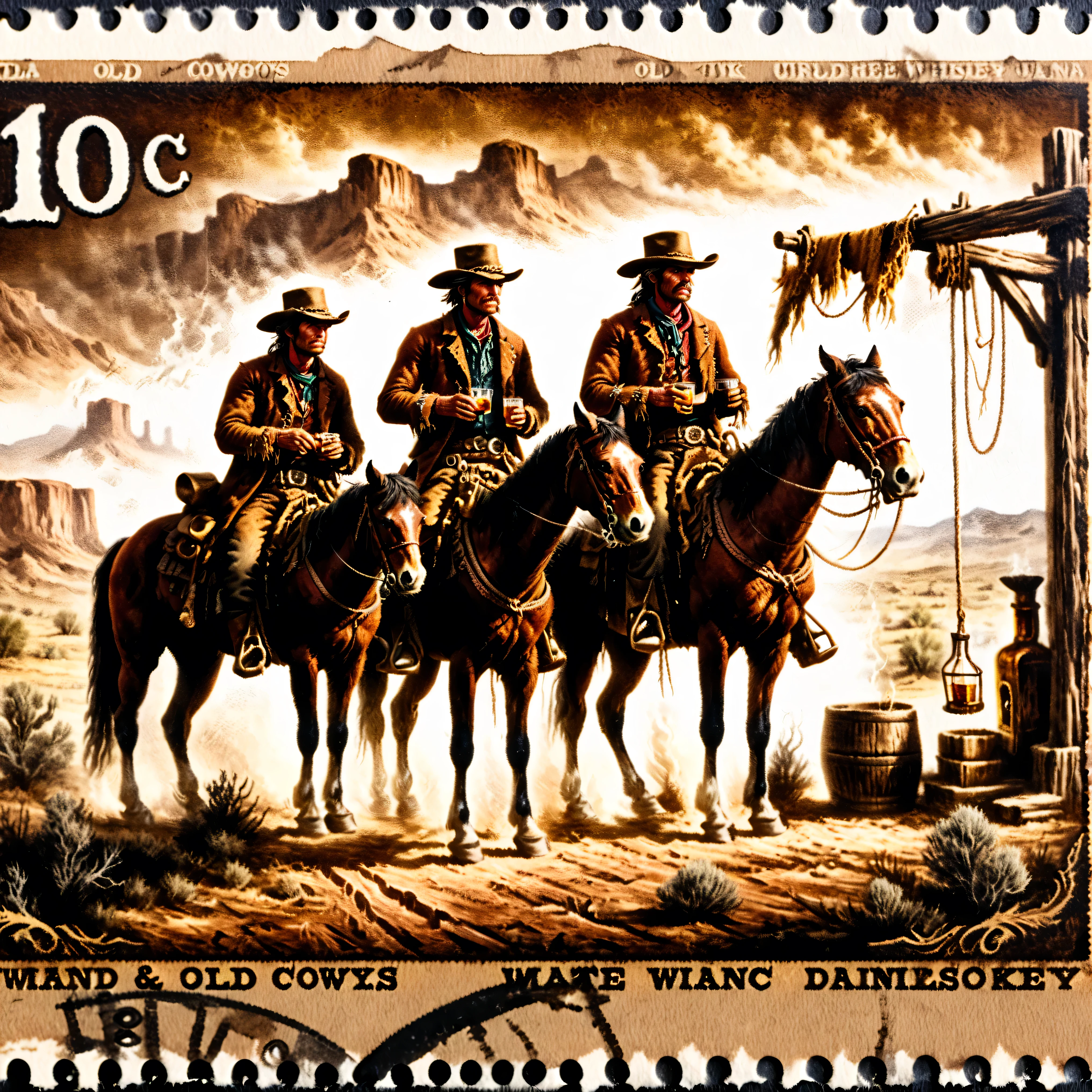 Dark postage stamp style, The Old West, 1780,  Dirty-faced cowboys on horseback drink whiskey and watch a hanging. Ultra-realistic, photo-realistic, ultra-detailed, physically-based rendering, 8k, UHDR, hyperrealistic, cinematic photography, cinematography, full focus, highest quality, masterpiece 