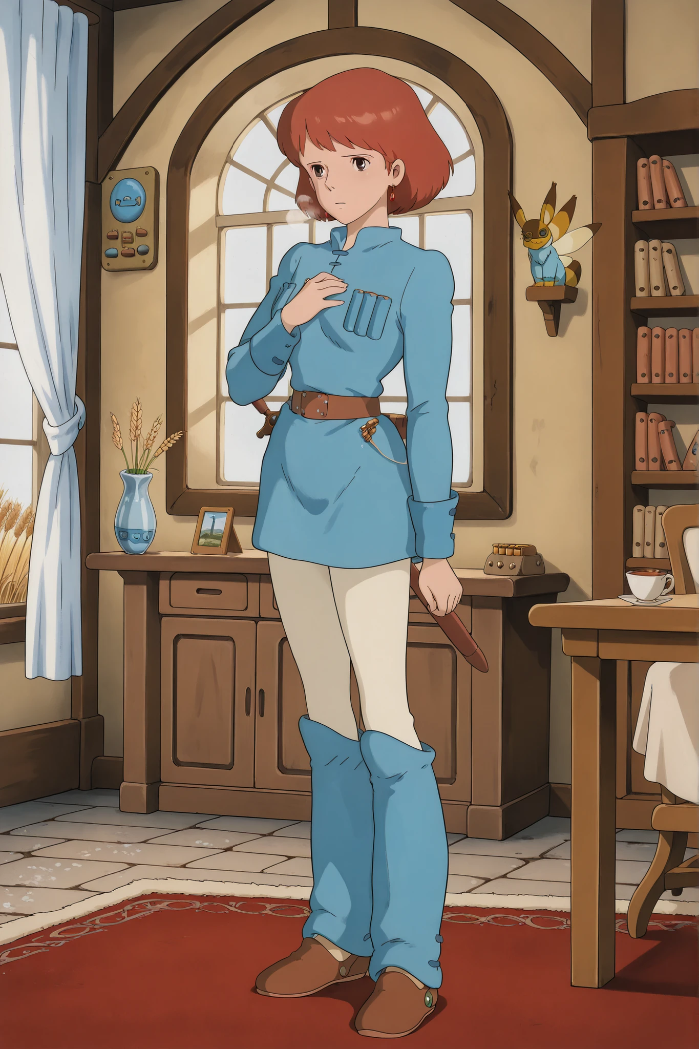 Nausicaa,1girl,brown hair,medium hair,brown eyes, breasts,, (Masterpiece, top quality, 8k, High quality anime, detailed and accurate anime poster, Studio Ghibli style, High sense Art ), adorable face, very kind face, Standing near window in her private room, desk, elegant teacupon the round table, hot tea, bookshelf, flower in a vase, large bay window, fairy painting on the wall, Exotic atmosphere, put both hands own chest and pray, hot breath close to the face, on early morning, depressed mood, orange hair, short hair, ((elegant short bob cut)), dark brown eyes, beautiful clear eyes, Red Gemstone Earrings, beautiful breasts, beautiful legs, perfect body balance, perfect beauty, slender body, beautiful eyes, beautiful young female body, (sidelong glance), Valley of the Wind Scenery, Beautiful scenery in the valley, Cturch, windmill, Wheat field, Cobblestone load, winery, Castle terrace, Silk curtain, sword on the wall, ((very cool Nausicaa)), ((Nausicaa is very elegant)), Ivory color leggings pants, blue dress,chest bullet holder,long_sleeves, belt, blue shin warmer, felt shoes, beautiful floor rug, front face view, she glance audience,