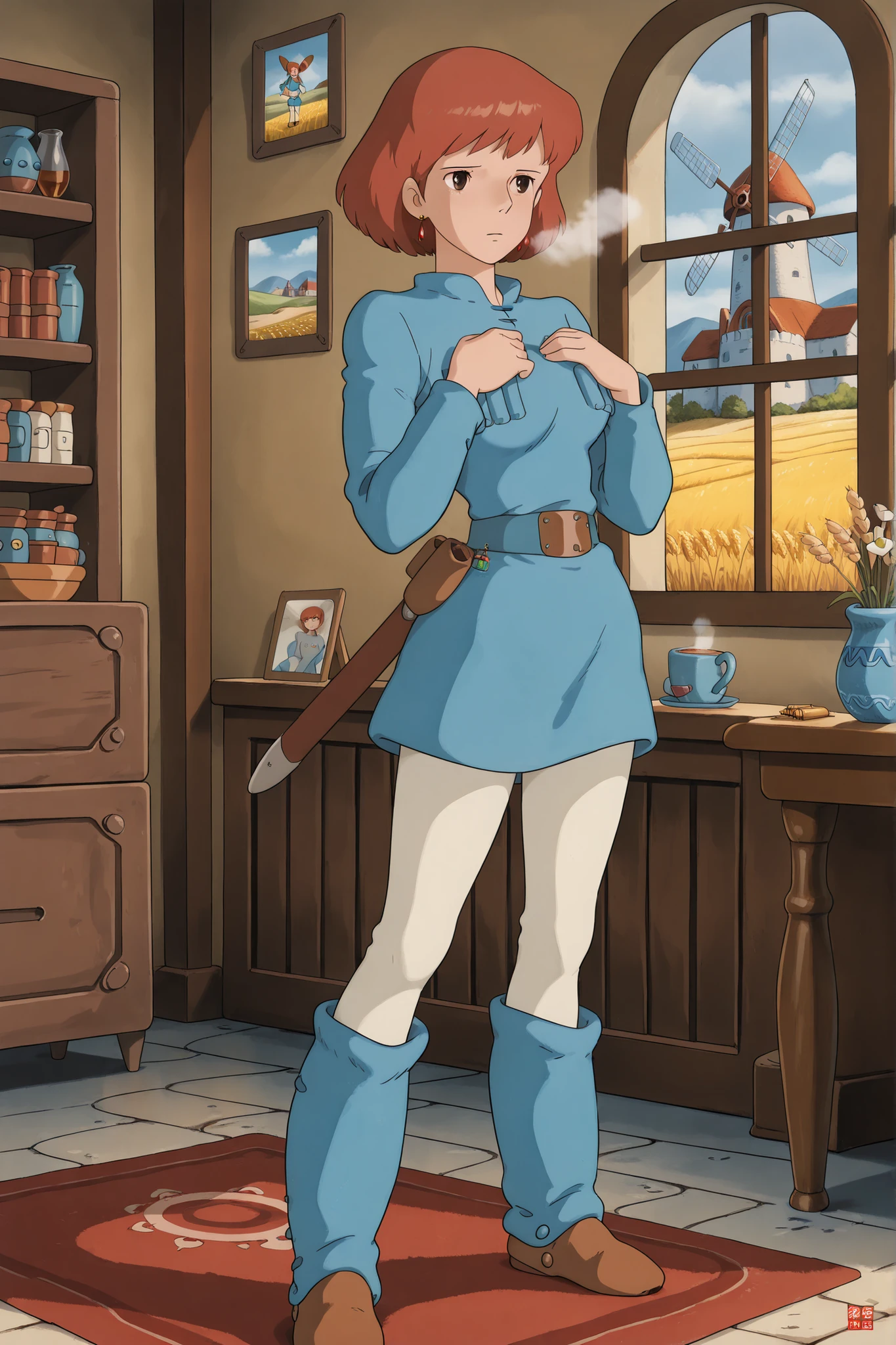 Nausicaa,1girl,brown hair,medium hair,brown eyes, breasts,, (Masterpiece, top quality, 8k, High quality anime, detailed and accurate anime poster, Studio Ghibli style, High sense Art ), adorable face, very kind face, Standing near window in her private room, desk, elegant teacupon the round table, hot tea, bookshelf, flower in a vase, large bay window, fairy painting on the wall, Exotic atmosphere, put both hands own chest and pray, hot breath close to the face, on early morning, depressed mood, orange hair, short hair, ((elegant short bob cut)), dark brown eyes, beautiful clear eyes, Red Gemstone Earrings, beautiful breasts, beautiful legs, perfect body balance, perfect beauty, slender body, beautiful eyes, beautiful young female body, (sidelong glance), Valley of the Wind Scenery, Beautiful scenery in the valley, Cturch, windmill, Wheat field, Cobblestone load, winery, Castle terrace, Silk curtain, sword on the wall, ((very cool Nausicaa)), ((Nausicaa is very elegant)), Ivory color leggings pants, blue dress,chest bullet holder,long_sleeves, belt, blue shin warmer, felt shoes, beautiful floor rug, front face view, she glance audience,