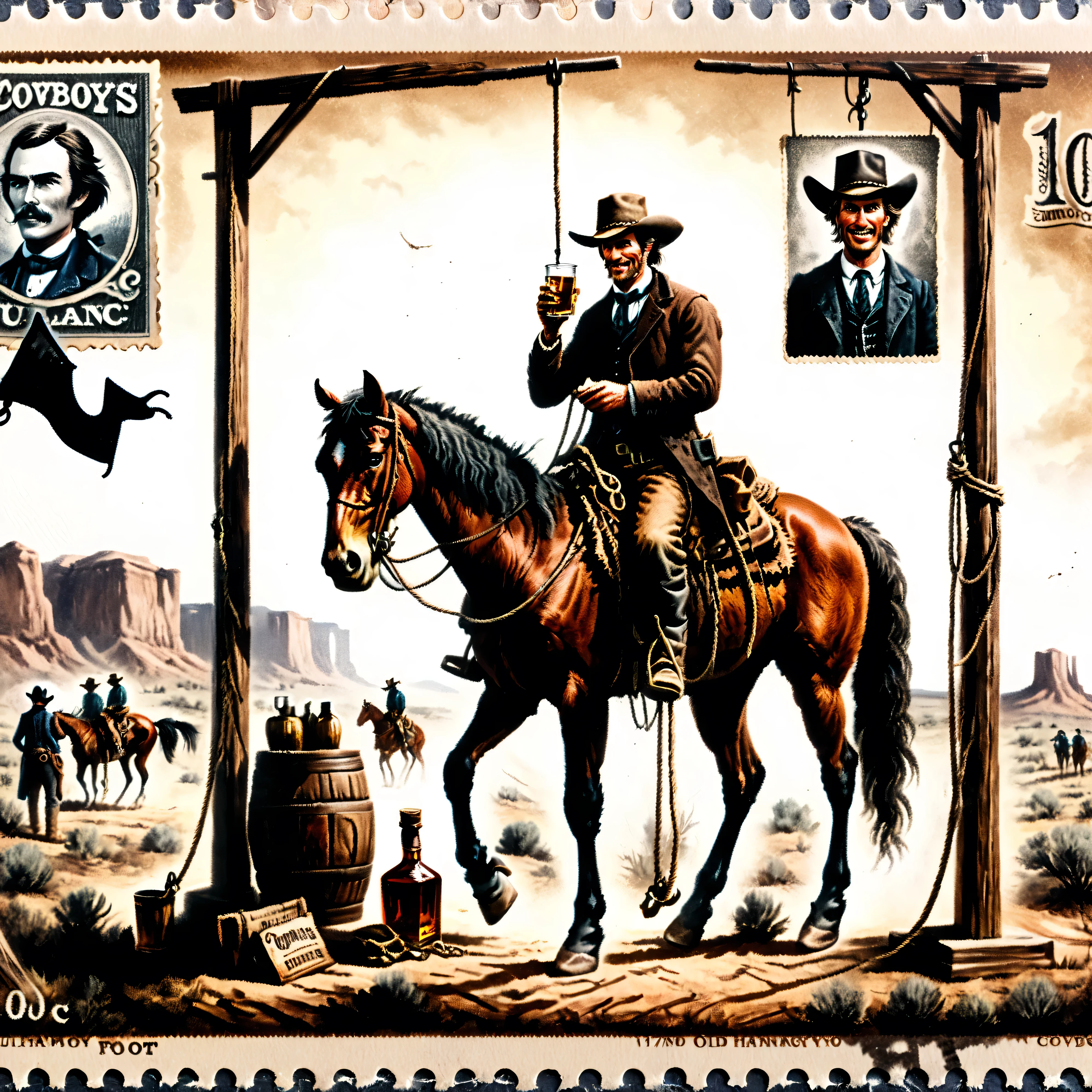 Dark postage stamp style, The Old West, 1780, Dirty-faced cowboys on horseback drink whiskey and watch a hanging. The hanging man is suspended several feet in the air with a hangman's noose around his neck that is secured to a makeshift hangman's post. The man is dressed in a modern-day suit and tie, with slacks and one shoe on one foot. He hangs there looking just fine, talking away on his smartphone, apparently explaining his unfortunate situation and apologizing for his absence. He smiles and looks at the cowboys who look back at him in astonishment. Ultra-realistic, photo-realistic, ultra-detailed, physically-based rendering, 8k, UHDR, hyperrealistic, cinematic photography, cinematography, full focus, highest quality, masterpiece