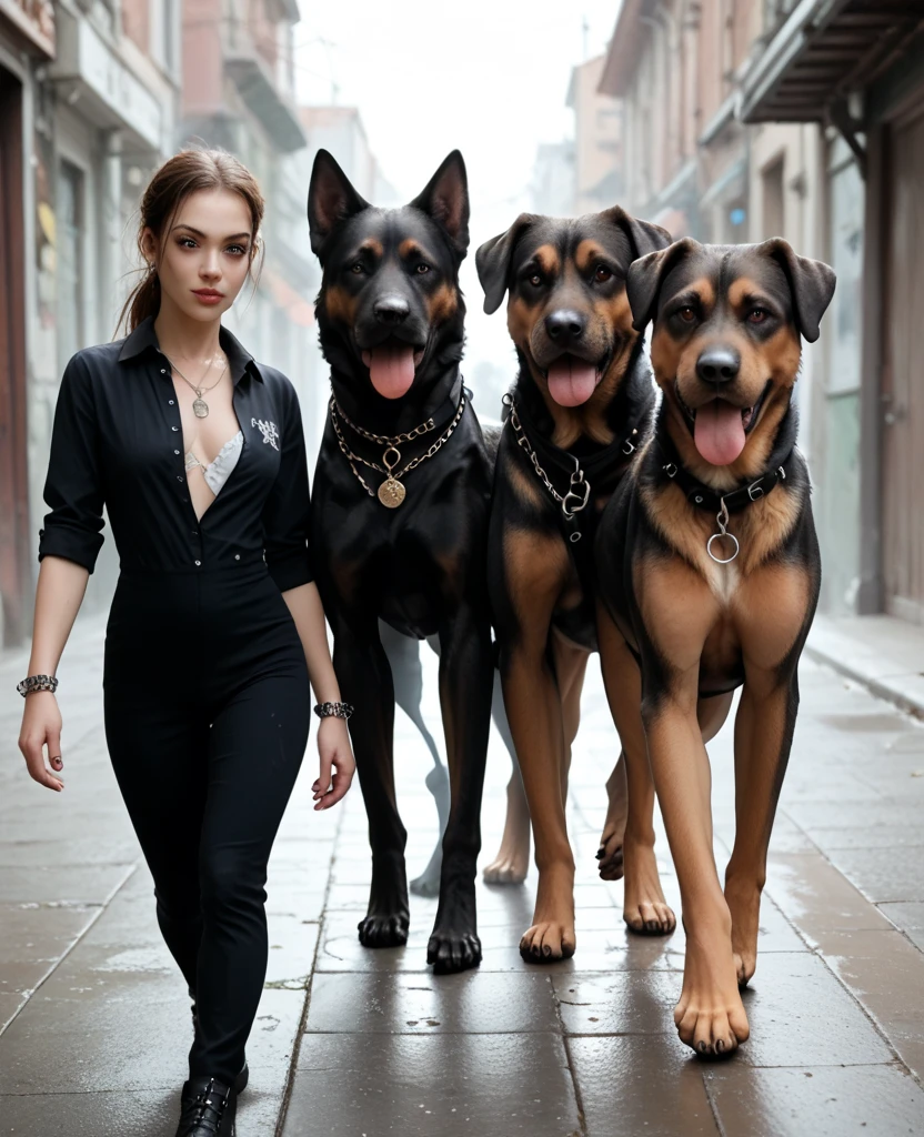 A 3D render of a vintage scene with a ????, sensual woman confidently walking her two massive, black Mastiffs on chains. She is dressed in a vintage outfit and exudes an enigmatic charm. The dogs have distinct expressions and walk obediently beside her. The background reveals a desolate village with crumbling buildings. The overall atmosphere is eerie and surreal, with a vintage film grain effect.