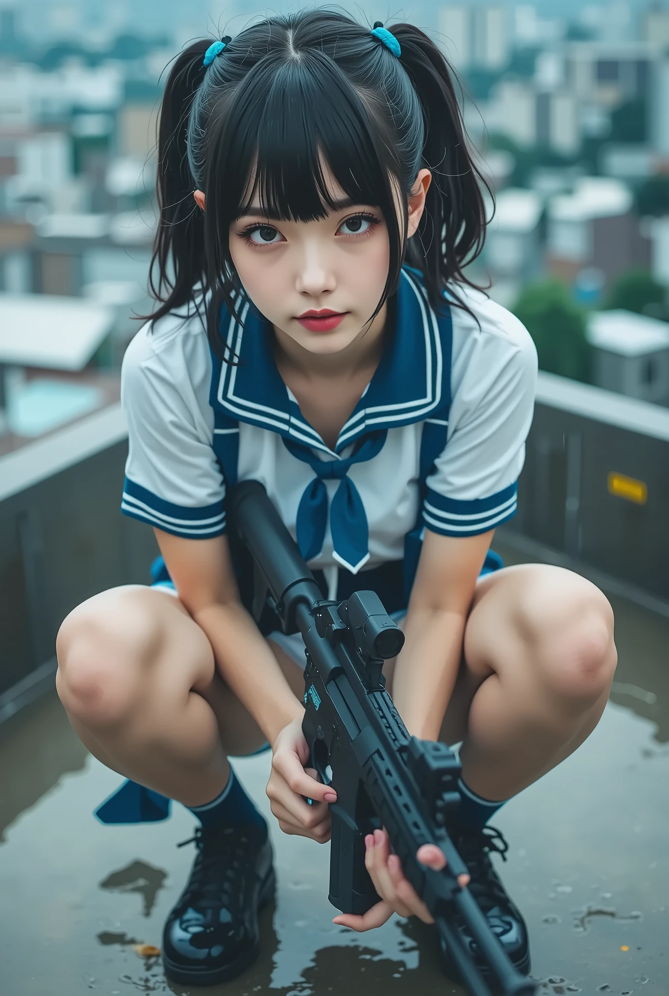 Bird's-eye view、cute On, On,surreal,high resolution,Highest Quality,8k,fine details,(14 years old),(female uniform with a white blouse and red ribbon) very beautiful and perfect nipples 、Beautifully Cut Thick Bangs、half up hair in a ponytail style、creampied in various positions、depth of cover,Full_body_shot,from_Superior,twins、Heavy Rain at Shibuya Crossing in Tokyo、hair wet in the rain、soaked clothes、perfect hands and fingers、drop your hips and bend your knees、drop your back and squat pose、skirt、 show me white panties 、 Chinese women 、necktie、黒いskirt、she holds an M4 in her right hand , wearing a white long-sleeved button-down shirt underneath , rooftop