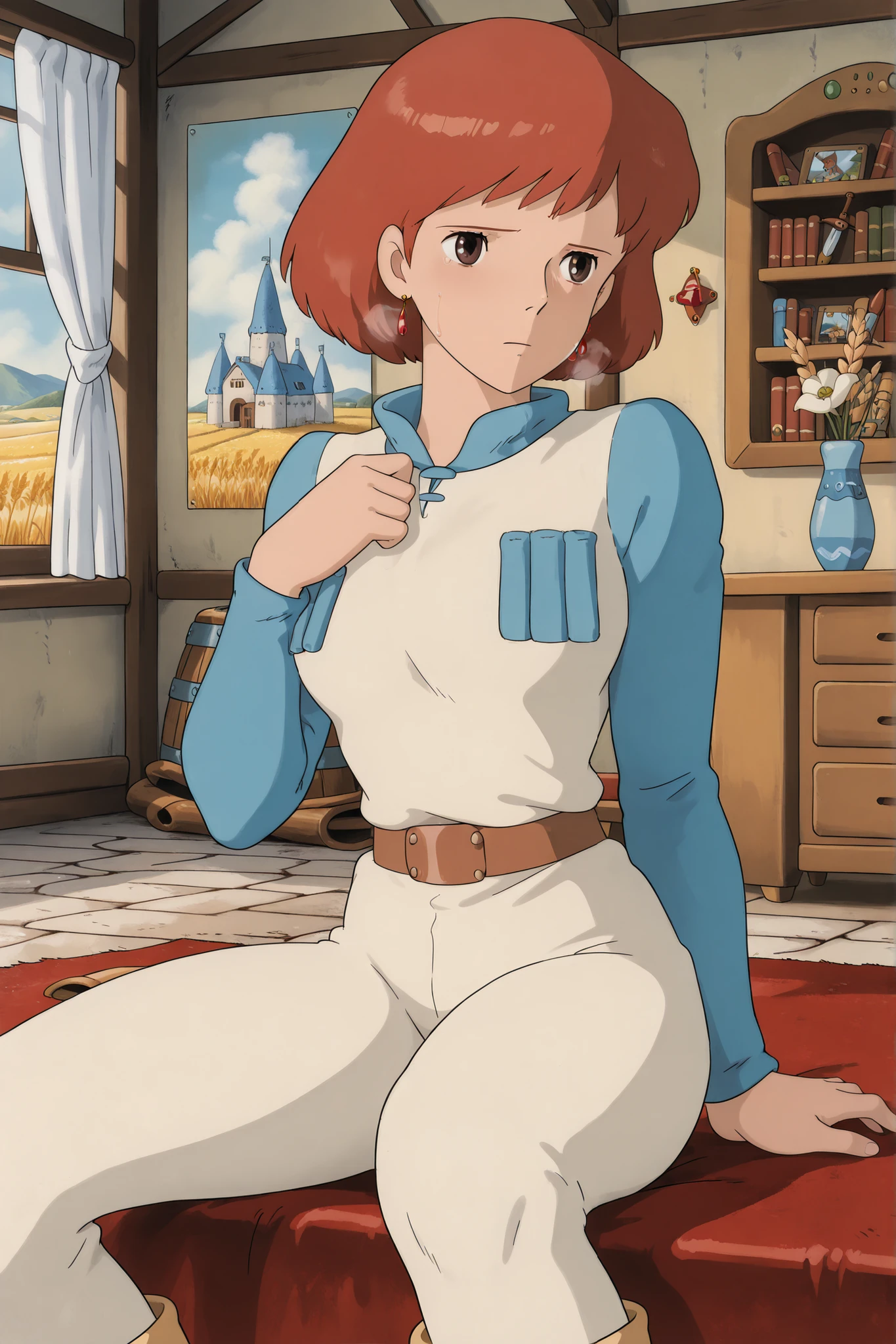 Nausicaa,1girl,brown hair,medium hair,brown eyes, breasts,, (Masterpiece, top quality, 8k, High quality anime, detailed and accurate anime poster, Studio Ghibli style, High sense Art ), adorable face, very kind face, Sitting on the bed in her private room, wake up, sleepy fsce, desk, bed, bookshelf, flower in a vase, large bay window, fairy painting on the wall, Exotic atmosphere, put both hands own chest and pray, hot breath close to the face, on early morning, depressed mood, orange hair, short hair, ((elegant short bob cut)), dark brown eyes, beautiful clear eyes, Red Gemstone Earrings, beautiful breasts, beautiful legs, perfect body balance, perfect beauty, slender body, beautiful eyes, beautiful young female body, (sidelong glance), Valley of the Wind Scenery, Beautiful scenery in the valley, Cturch, windmill, Wheat field, Cobblestone load, winery, Castle terrace, Silk curtain, sword on the wall, ((very cool Nausicaa)), ((Nausicaa is very elegant)), Ivory color leggings pants, white running shirt, beautiful skin, beautiful floor rug, front face view, she glance audience,