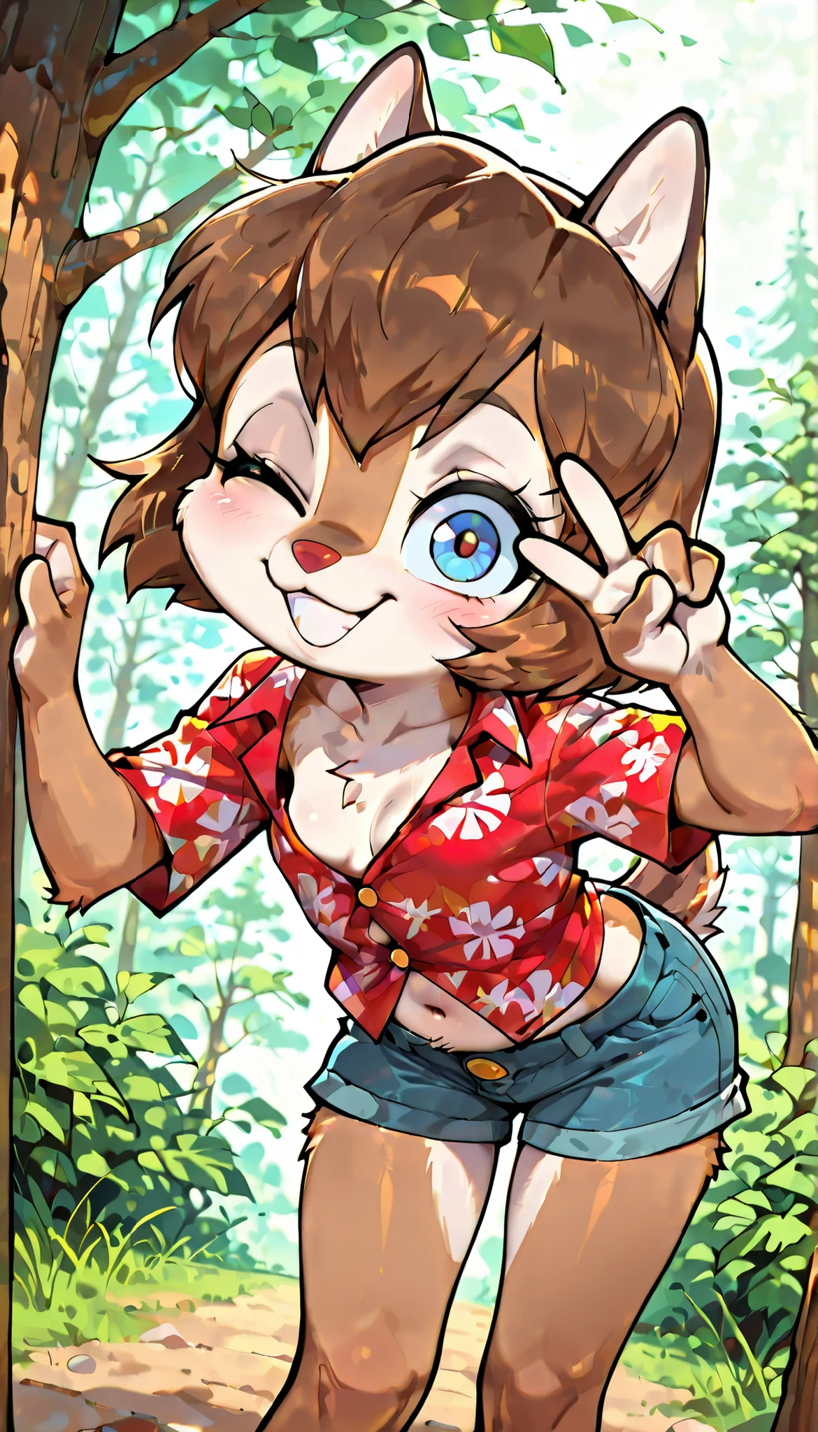 score_9, score_8_up, score_7_up, score_6_up,, hi_res, furry_source, absurdres, masterpiece, best quality, amazing quality, Chip'n Dale Rescue Rangers, 1girl, solo, alone, Femdale, furry, anthro, chipmunk girl, brown fur, blue eyes, chipmunk tail, red nose, brown hair, short hair, bangs, short body, short stature, ((red hawaiian shirt, claveage, one button fastened, denim shorts)), small breasts, navel, (very skinny:1.0), (Small, Short:1.1), (young cub:1.2), uperbody, spread buckteeth, tree cabin on background, adorable pose, standing, wink, one eye closed, v, peace sign with one hand, leaning forward,