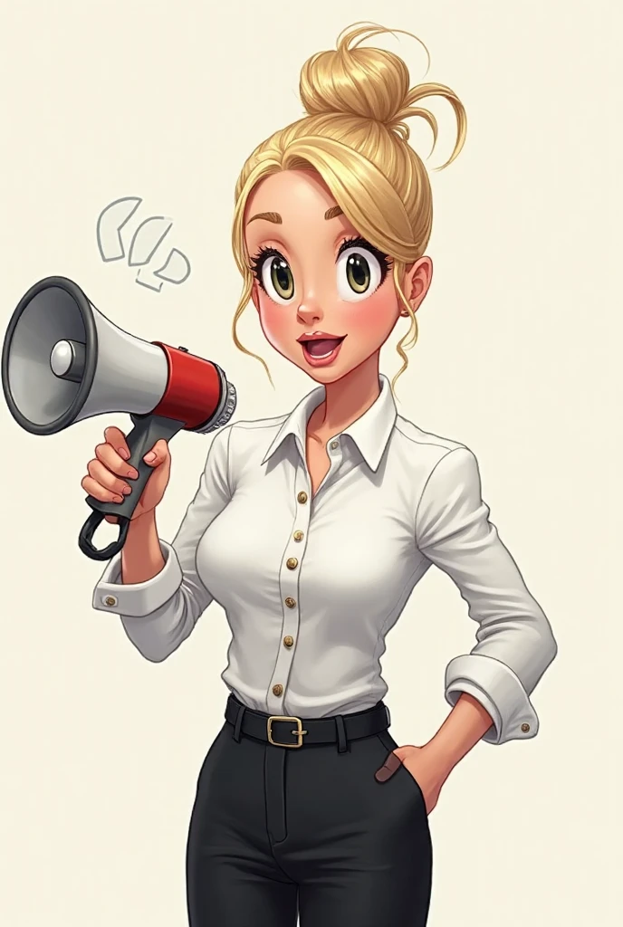 young adult blonde with high bun, pretty, beautiful woman, medium square glasses, brown eyes, slightly long face, big forehead, long chin, chubby nose, wears an orange t-shirt, hands with black boxing gloves, happy and smiling and having fun , pixar version