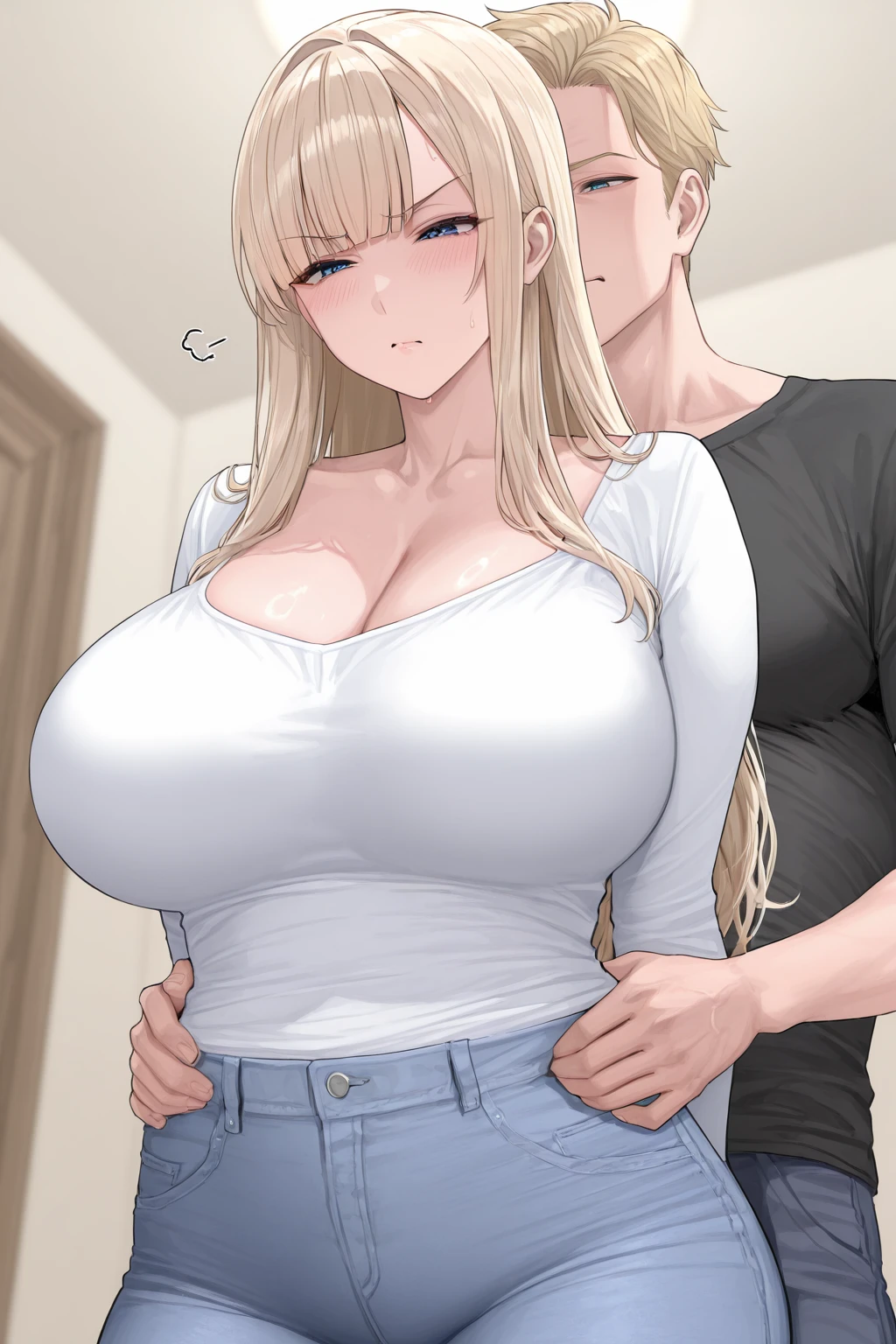 Best quality, masterpiece,1girl hug a little yonng short boy,face to face,blonde_hair, huge breasts,blush,