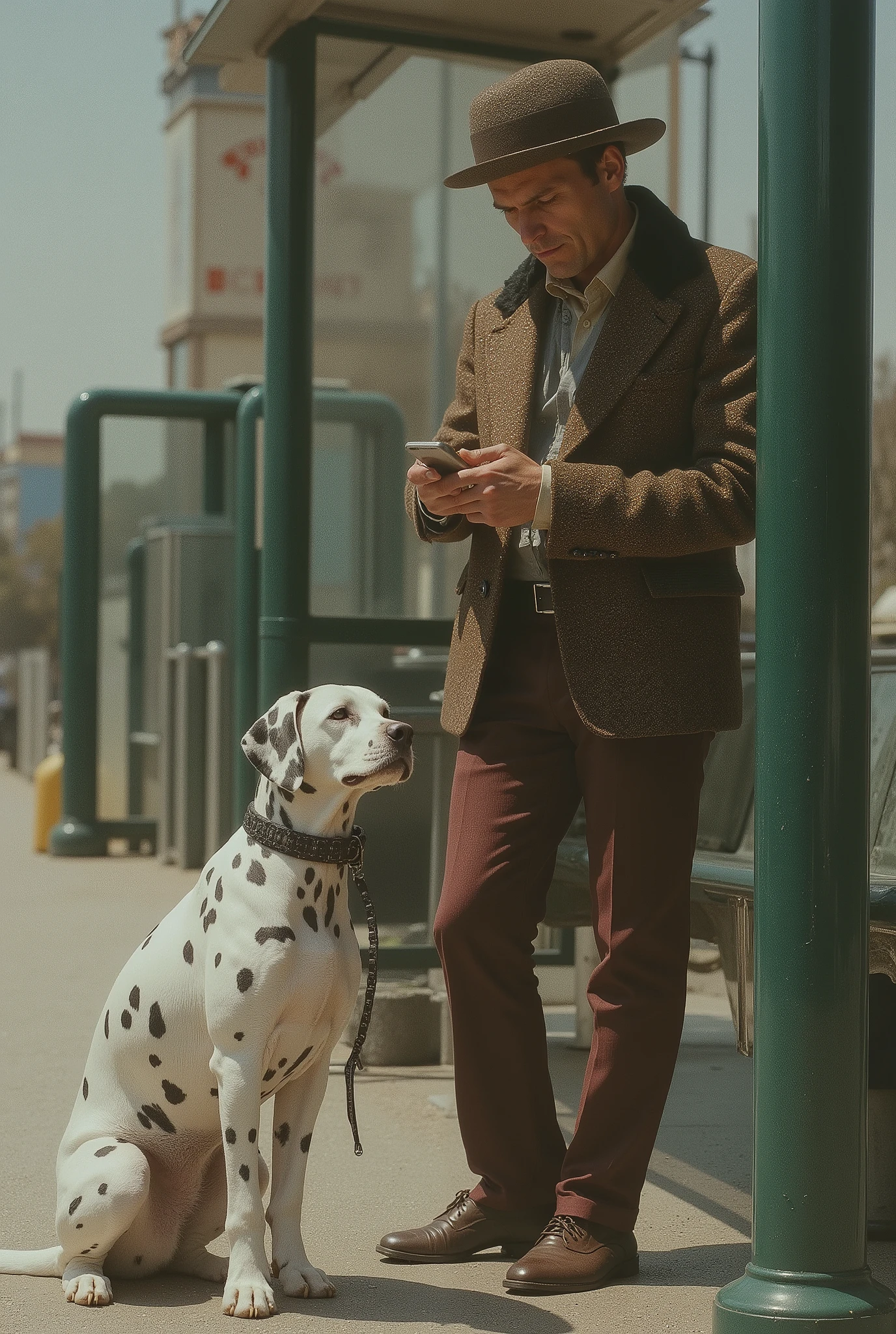 high quality. Super dettagliato. 8k . men in vintage style clothes. He looks a bit tired . has a black leash、a Dalmatian dog on his feet. The background is a bus stop . The dog is sitting at his feet、when the owner takes a break while looking at his smartphone