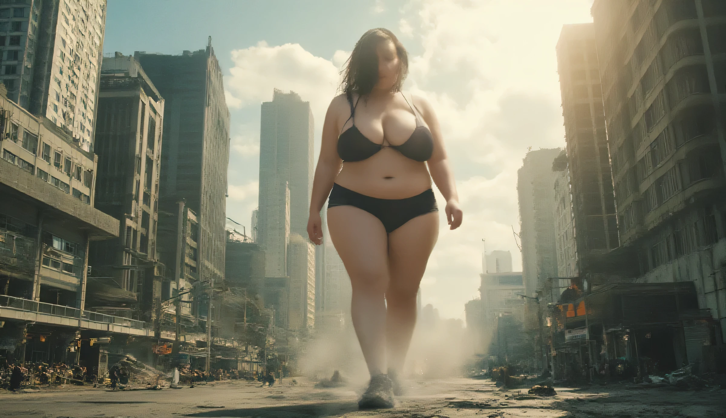 giantess young little chubby girl walking through the street, cracking asphalt when she walking, highly detailed, photorealistic, ultra-detailed, 8K, HDR, physically-based rendering, professional, vivid colors, bokeh, epic fantasy scene, cinematic lighting, dramatic atmosphere, sweeping cityscape, crumbling city infrastructure, towering skyscrapers, clouds of dust and debris, crowd of terrified onlookers, awestruck expressions