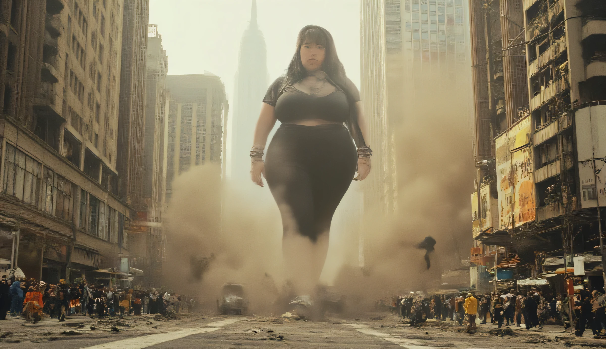 giantess young little chubby girl walking through the street, cracking asphalt when she walking, highly detailed, photorealistic, ultra-detailed, 8K, HDR, physically-based rendering, professional, vivid colors, bokeh, epic fantasy scene, cinematic lighting, dramatic atmosphere, sweeping cityscape, crumbling city infrastructure, towering skyscrapers, clouds of dust and debris, crowd of terrified onlookers, awestruck expressions