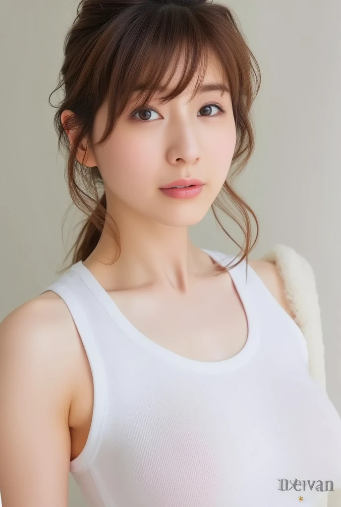 Look into the eyes,　Eye contact,　Front of face,　face,　Cross-legged,　indoor,　Brown Hair,　bangs,　Tank top,　Sweat,　clavicle,　shoulder,　Cross-legged,　chest,　Earrings,　Skin Moisture,　The gaze looking down on me,　Look at me,　bathroom