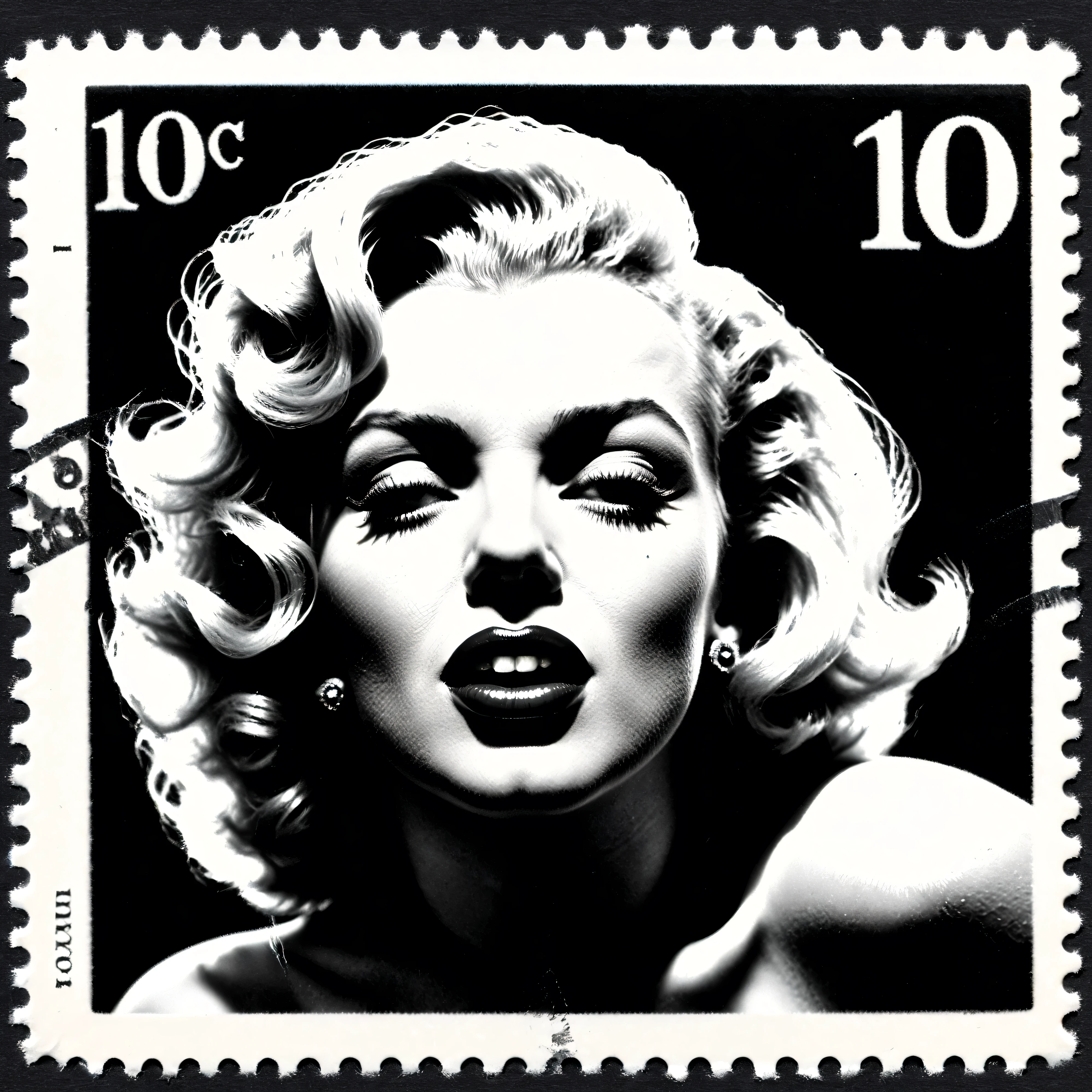 Dark fantasy postage stamp,  black and white, Marilyn Monroe, iconic character style, hypersensual, provocative, close up of her gorgeous face, beautiful, blonde hair, classic vintage photo, ultra-realistic, photorealistic, cinematography, ultra-detailed, physically-based rendering, professional portrait, portrait photography, cinematic portrait, masterpiece 
