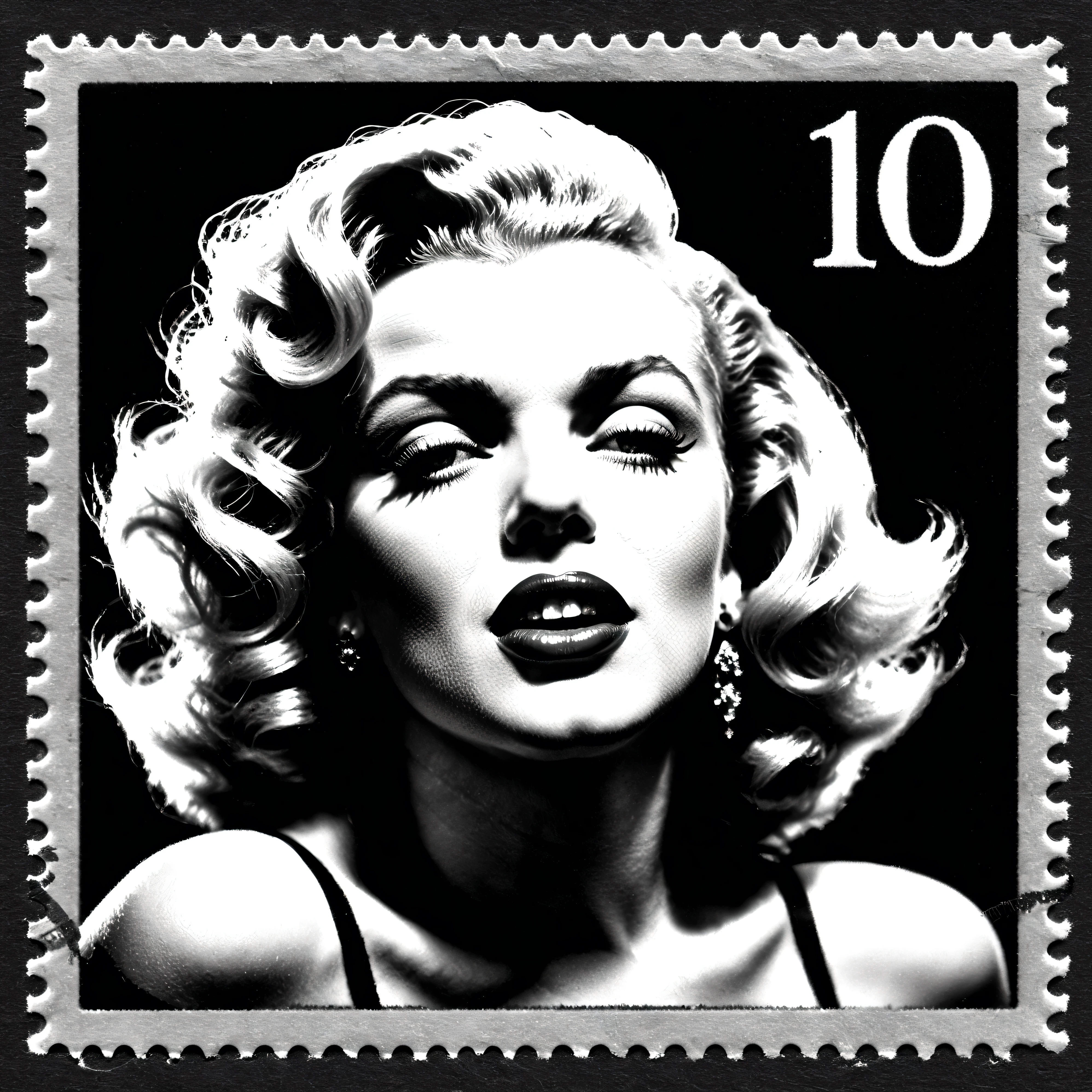 Dark fantasy postage stamp,  black and white, Marilyn Monroe, iconic character style, hypersensual, provocative, close up of her gorgeous face, beautiful, blonde hair, classic vintage photo, ultra-realistic, photorealistic, cinematography, ultra-detailed, physically-based rendering, professional portrait, portrait photography, cinematic portrait, masterpiece 