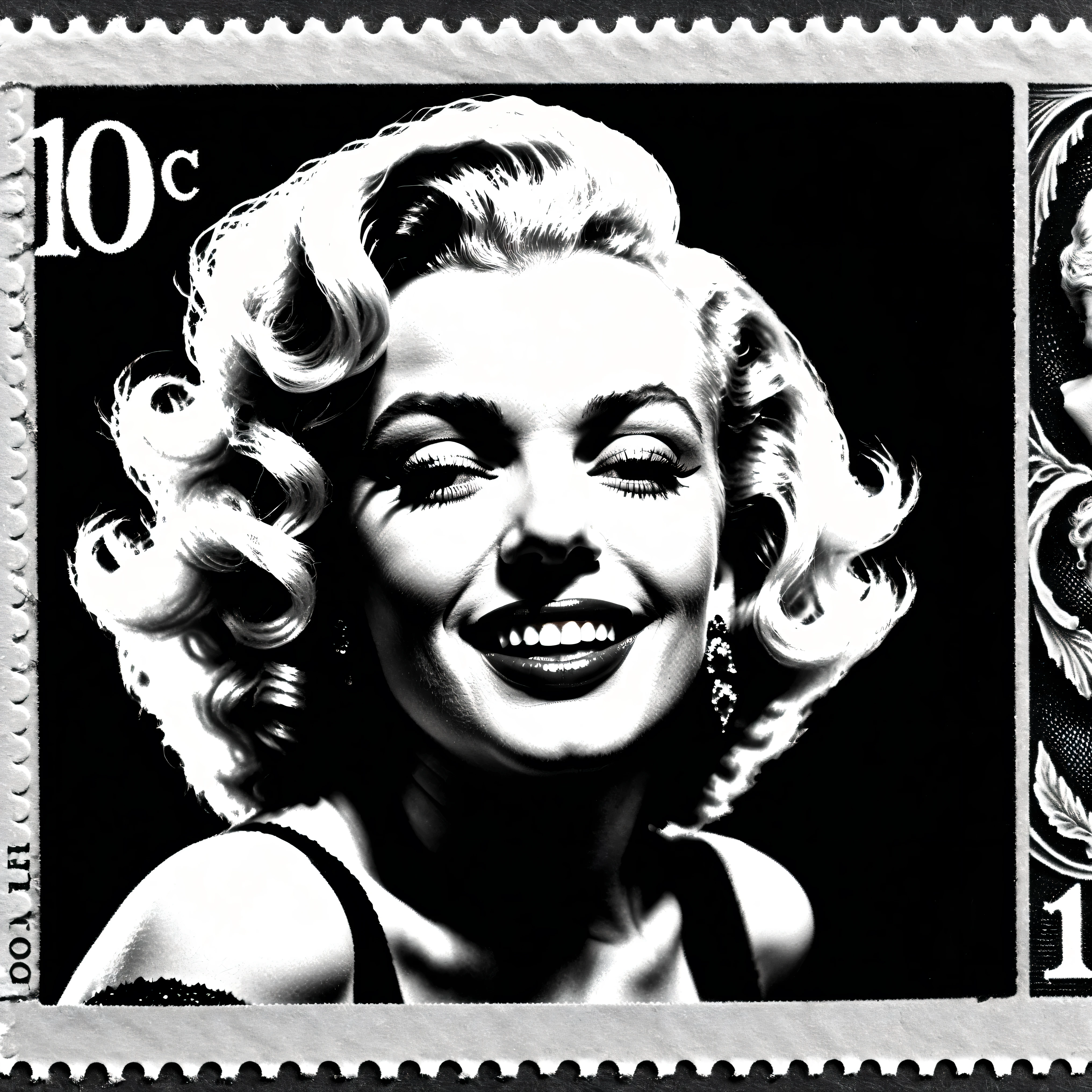 Dark fantasy postage stamp,  black and white, Marilyn Monroe, iconic character style, hypersensual, provocative, close up of her face, smiling, beautiful, blonde hair, beauty mole, classic vintage photo, ultra-realistic, photorealistic, cinematography, ultra-detailed, physically-based rendering, professional portrait, portrait photography, cinematic portrait, masterpiece 