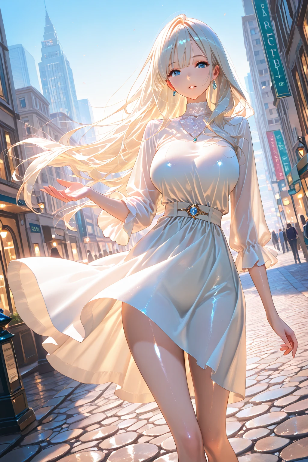 Anime style, super fine illustration, highly detailed, beautiful detailed, pale tone image, static representation, gentle expression, 8k, pretty 1girl with blonde straight short hair & blue eyes & a bright smile & full bust & soft fair skin is wearing big white business shart not to show her skin & black tight skirt & 1business bag, on the business building street, in the morning, brilliant particles of lights, romantic stories, solo, perfect 5fingers, perfect arms, perfect legs, masterpiece.