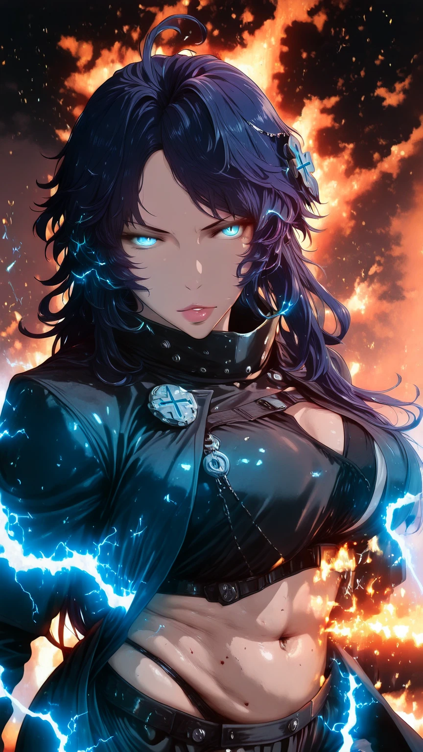 Hgk, (yoshio_(55level)-style:1.2), (imizu_(nitro_unknown)-style:1.5), (packge-style:1.2), (laserflip-style:1.4), ((anatomical correct)), ((Cinematic, unreal engine, eye-catching, ambient occlusion, UHD, masterpiece)), ((perfect lighting, soft shadow)), perfect body, perfect eyes, perfect fingers, gasping, heavy breathing, gasping profusely, ((skindentation)), ((curvy)), mora chester, very long hair, blue hair, head chain, cross hair ornament, ahoge, single sidelock, parted bangs, blue eyes, lips, puffy lips, thick lips, plump, 1girl, ((fire)), solo, navel, midriff, looking_at_viewer, coat, open_coat, pants, breasts, animal_ears, open_clothes, black_coat, smirk, slit_pupils, parted_lips, cowboy_shot, crop_top, visor_(armor), baggy_pants, blood, (electricity:1.3), glowing eyes, ((embers)), Fiery Body 