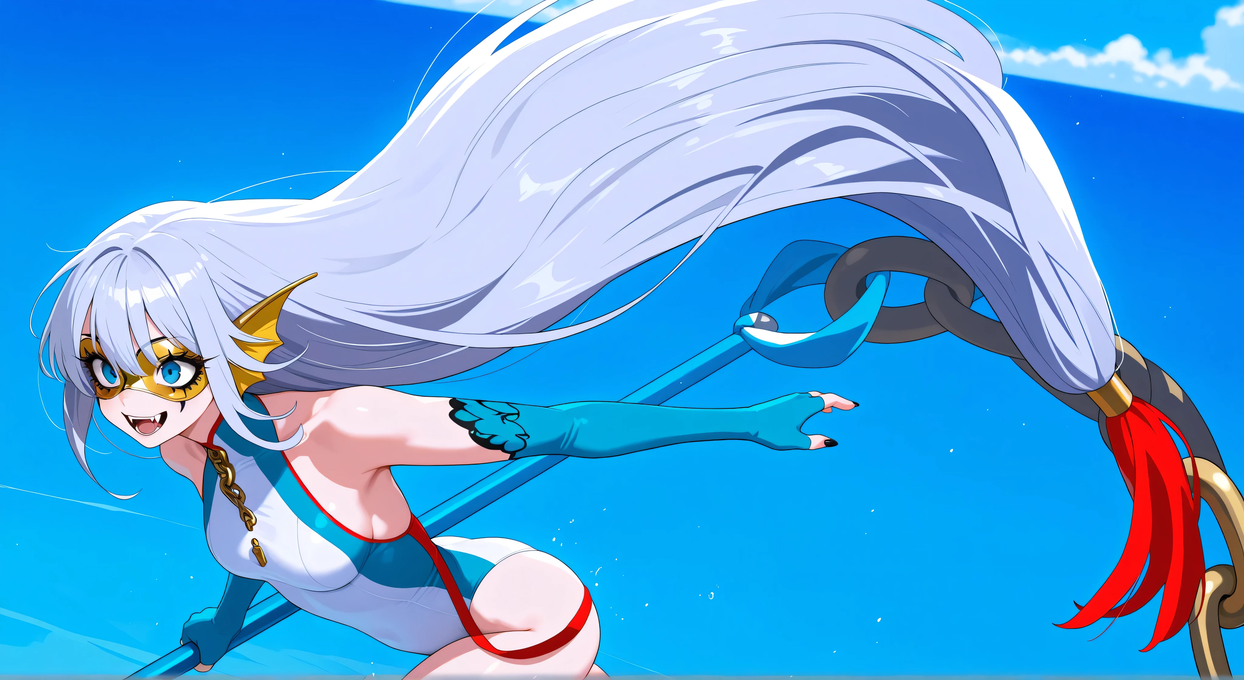 masterpiece, high quality, woman, upper body, jumping in mid-air, mature, grinning, fangs, long hair, grey hair, blue eyes, (black makeup around eyes), dark eyeliner, long eyelashes, (yellow fin ears), (medium breasts), beautiful, wearing (white) one-piece swimsuit with teal and red accents, (yellow masquerade mask), bare_shoulders, holding metal spear, chains, ocean, sunny day,