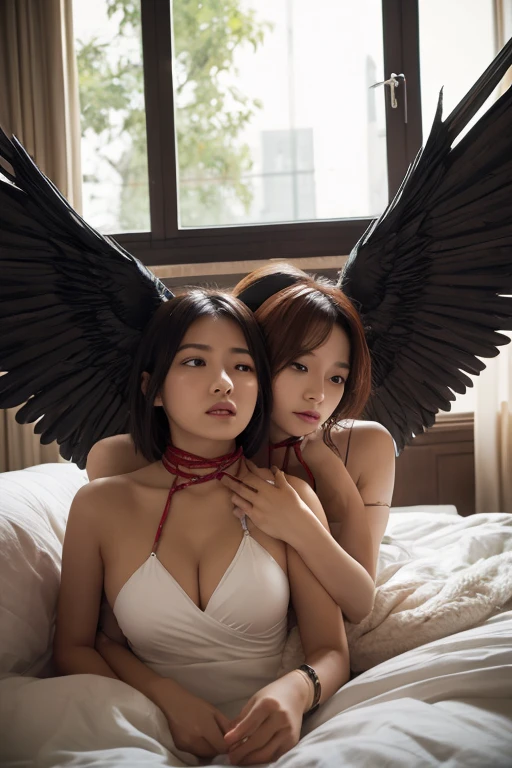 masterpiece , best quality , Two young girls embracing, A very beautiful and charming face,  anxious expressions,  Sitting on the floor, almost naked,(((bandages everywhere))), body line visible, Collar, , chain restraints,  folded angel wings, very dark  basement with no light. 