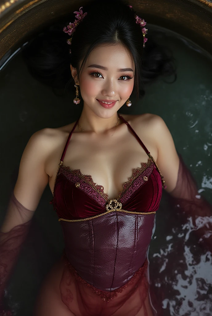 araffe asian woman in red lingerie sitting in a bathtub, wearing ?????????????, gorgeous chinese model, red bra, 奈良美智, ???? girl, 中 元 节, japanese model, lingerie, red ??????, asian, some red, red hot, 王琛, japanese goddess, sling ??????