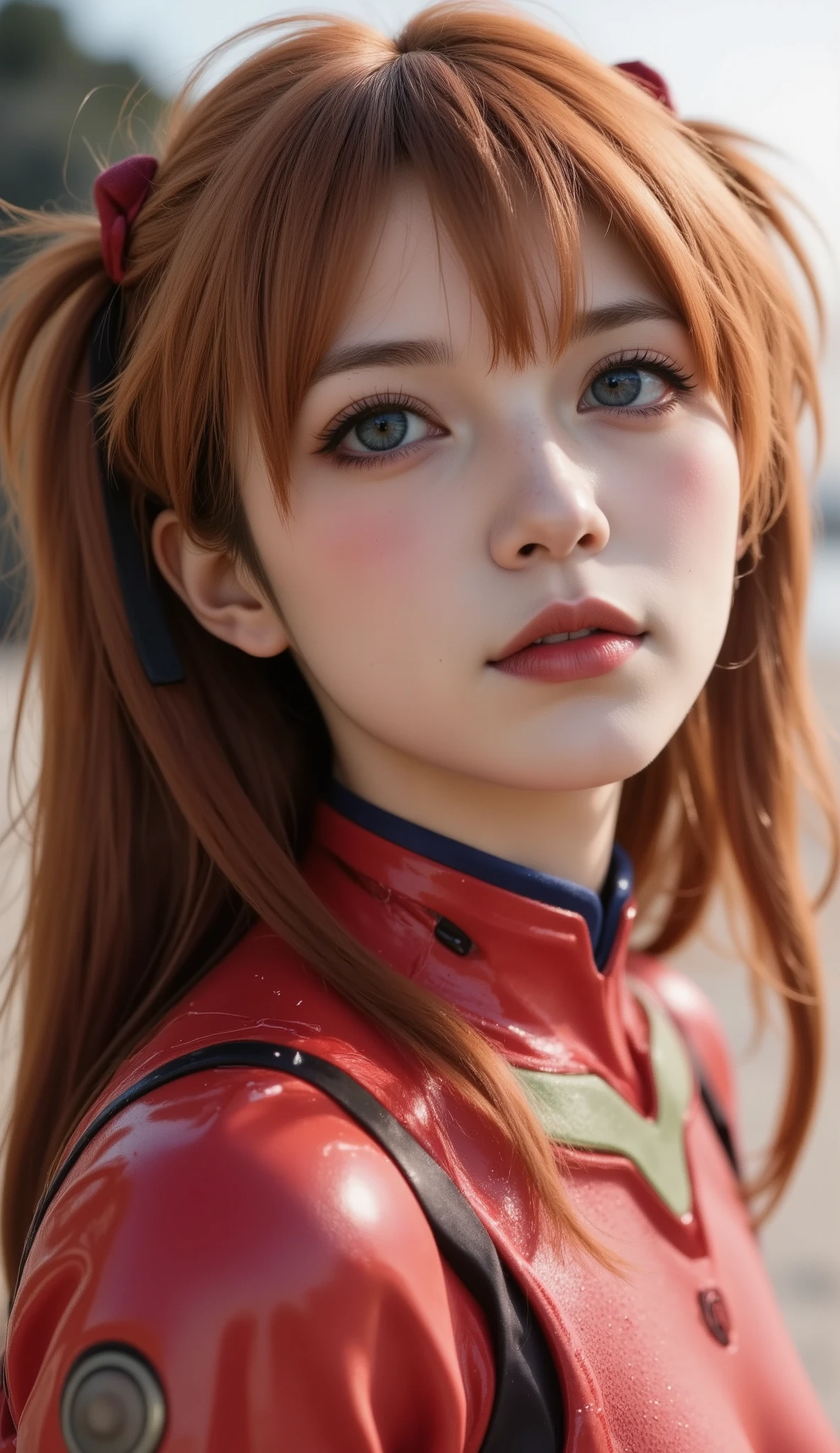 8k, masterpiece, Highest Quality, beautiful Korean women、full body, 、Woman cosplaying Evangelion Aska on the beach at dusk、plug suit, bodysuit, hair ornaments,、Tight clothes that show body lines。 natural light shines 、creating soft shadows 。 Beach scenery at dusk