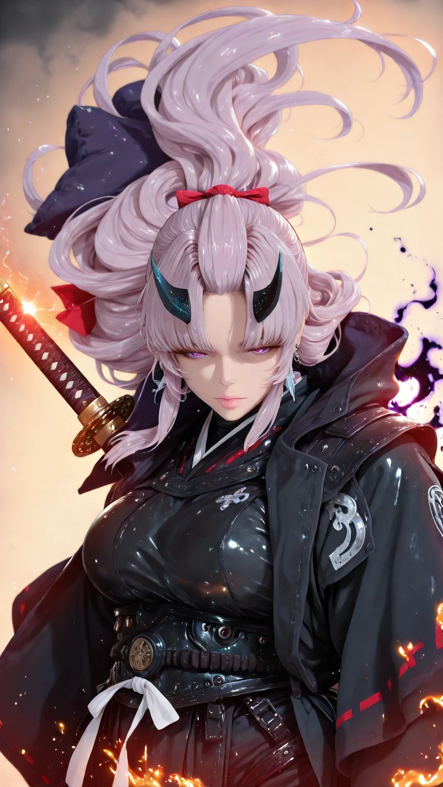 Hgk, (yoshio_(55level)-style:1.2), (imizu_(nitro_unknown)-style:1.4), (packge-style:1.2), (laserflip-style:1.2), vignetting, ((anatomical correct)), ((Cinematic, unreal engine, eye-catching, ambient occlusion, UHD, masterpiece)), ((perfect lighting)), perfect body, perfect eyes, perfect fingers, gasping, heavy breathing, gasping profusely, ((skindentation)), ((curvy)), SHIKOKU_(MATO_SEIHEI_NO_SLAVE), purple hair, purple eyes, slit pupils, long hair, hair bow, red bow, parted bangs, ribbon trim, half updo hair, bangs_pinned_back, straight hair, ((medium breasts)), plump, (voluptuous:1.5), (mature female:1.5), lips, ((white outline)), (aura), (black aura:1.2), weapon, 1girl, horns, fog, solo, sword, katana, earrings, jewelry, looking_at_viewer, floating_hair, japanese_clothes, armor, shaded face, closed_mouth, breasts