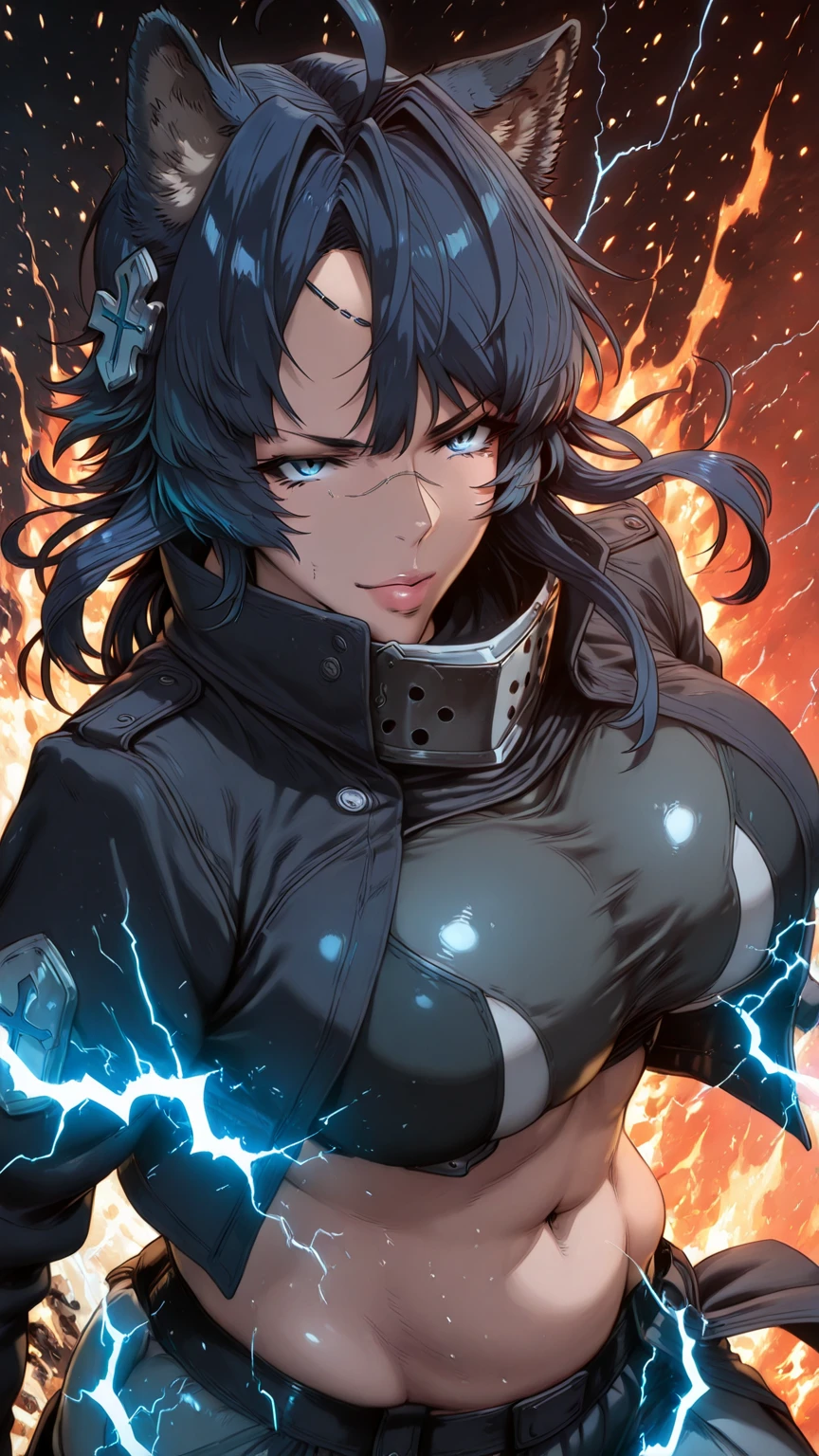 Hgk, (yoshio_(55level)-style:1.4), (imizu_(nitro_unknown)-style:1.5), (packge-style:1.2), (himadera-style:1.2), ((anatomical correct)), ((Cinematic, unreal engine, eye-catching, ambient occlusion, UHD, masterpiece)), ((perfect lighting, soft shadow)), perfect body, perfect eyes, perfect fingers, gasping, heavy breathing, gasping profusely, ((skindentation)), ((curvy)), mora chester, very long hair, blue hair, head chain, cross hair ornament, ahoge, single sidelock, parted bangs, blue eyes, lips, puffy lips, thick lips, plump, 1girl, ((fire)), solo, navel, midriff, looking_at_viewer, coat, open_coat, pants, breasts, animal_ears, open_clothes, black_coat, smirk, slit_pupils, parted_lips, cowboy_shot, crop_top, visor_(armor), baggy_pants, blood, (electricity:1.3), glowing eyes, ((embers)), Fiery Body 