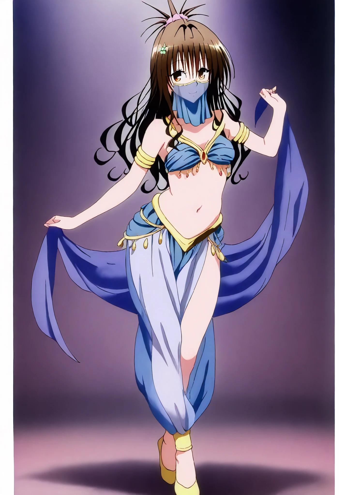 (1girl:1 . 5) , (Seul:1 . 5) , score_9 , score_8_haut , score_7_haut , source_anime , Official work  , ultra-detailed , masterpiece , best quality , high resolution , beaux yeux , detailed eyes , Detailed face , beautiful detailed eyes,brown eyes, brown hair, hair ornament, hair scrunchie, long hair, pink scrunchie, To Love Ru,Mikan Yuuki ,Arabian Clothes , Arabian Dancer ,belly dancer costume,belly dancer outfit ,full body,golden jewelery,mouth veil,armlet, belly dancing,arabian theater,seductive smile, dancing with veil, dynamic movement,dance posture, seductive pose