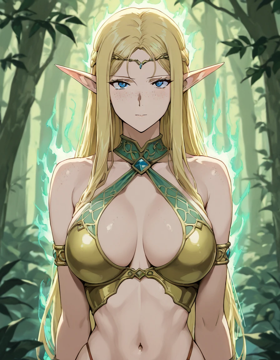 forest elf, masculine girl, girl with masculine face, lean body, slender, attractive, handsome girl, forest background, elf ears, female