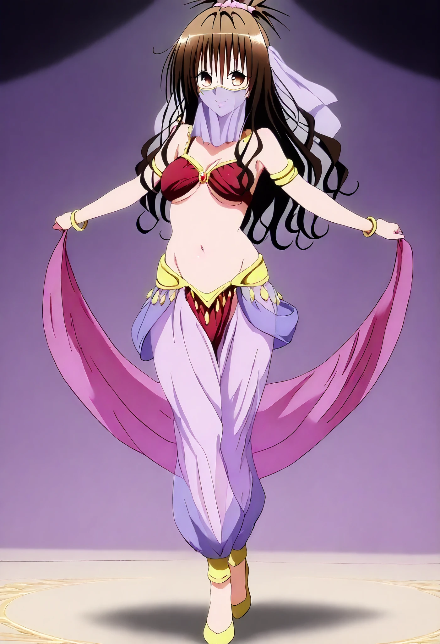 (1girl:1 . 5) , (Seul:1 . 5) , score_9 , score_8_haut , score_7_haut , source_anime , Official work  , ultra-detailed , masterpiece , best quality , high resolution , beaux yeux , detailed eyes , Detailed face , beautiful detailed eyes,brown eyes, brown hair, hair ornament, hair scrunchie, long hair, pink scrunchie, To Love Ru,Mikan Yuuki ,Arabian Clothes , Arabian Dancer ,belly dancer costume,belly dancer outfit ,full body,golden jewelery,mouth veil,armlet, belly dancing,arabian theater,seductive smile, dancing with veil, dynamic movement,dance posture, seductive pose