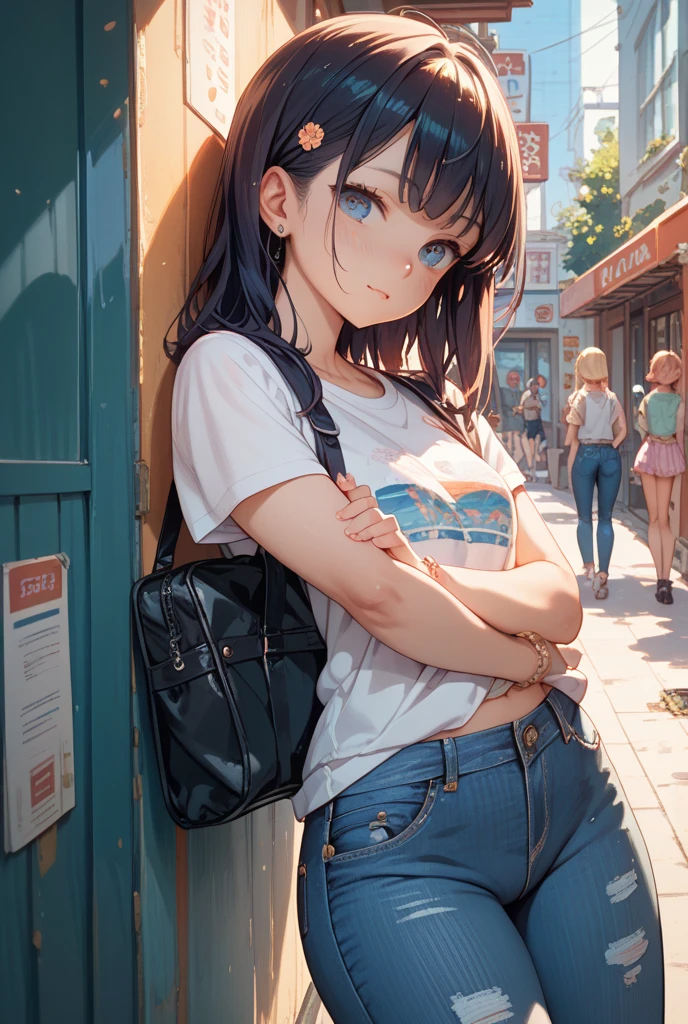 The girl was wearing a T-shirt, a checkered skirt, and a backpack, and her skirt got caught in the backpack and rolled up. When she turns around, blue eyes, blue sky, blush: 1.1, disgusted face: 1.0