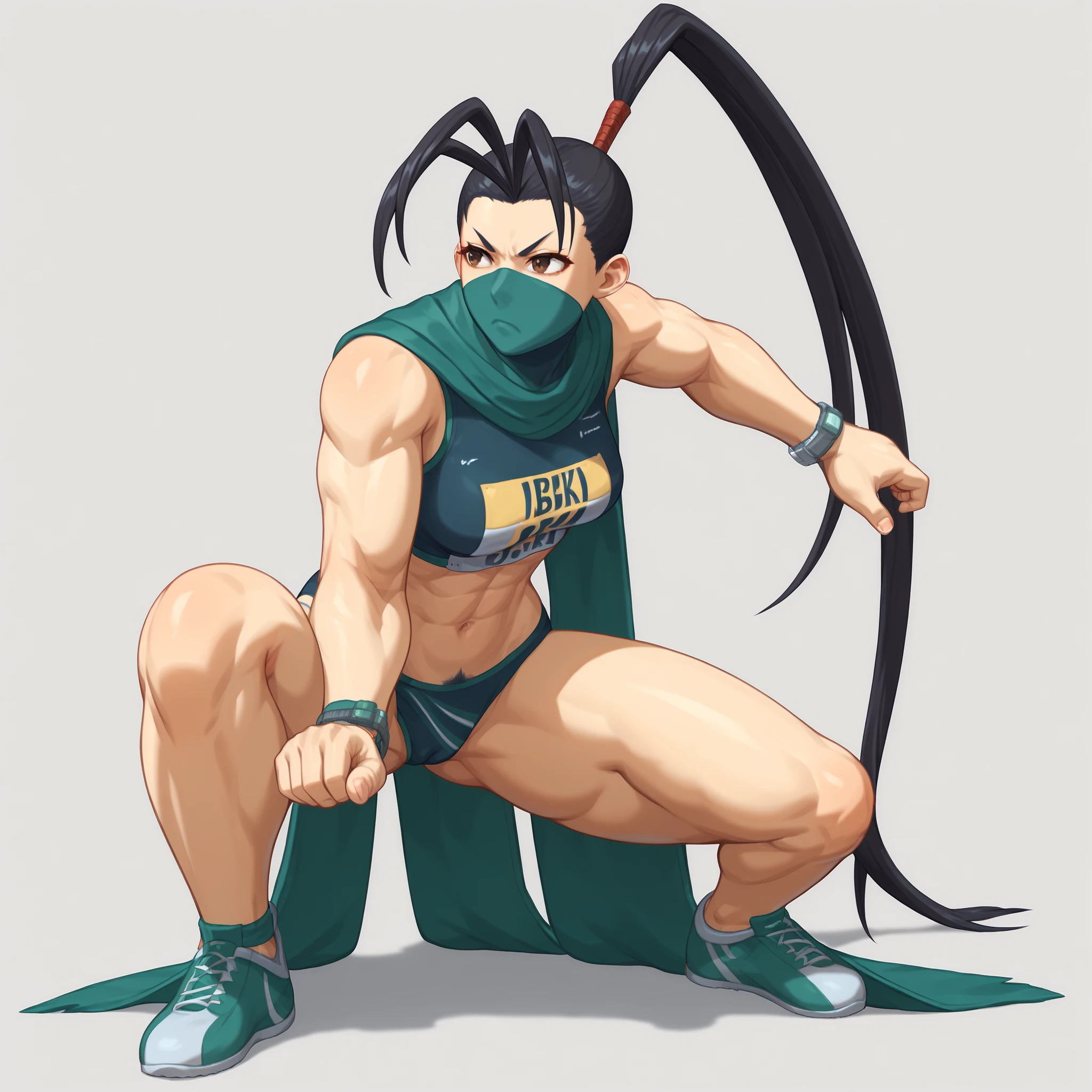 ibuki (street fighter),IbukiSF,1girl,solo,long hair,black hair,brown eyes,navel,very long hair,ponytail,midriff,scarf,bracelet,crop top,mask,antenna hair,high ponytail,toned,buruma,camel toe,watch,sports bra,mouth mask,wristwatch,green scarf,sports bikini,LARGE Mons pubis,(swollen vagina),(Thick black pubic hair protrudes from the sides of the buruma1:1.3),ibuki (street fighter),gokupose3,solo,fighting stance,,full body,serious,frown,clenched hand,shadow,crouching,leaning forward,one arm extended,other arm bent,wide stance,martial arts pose,