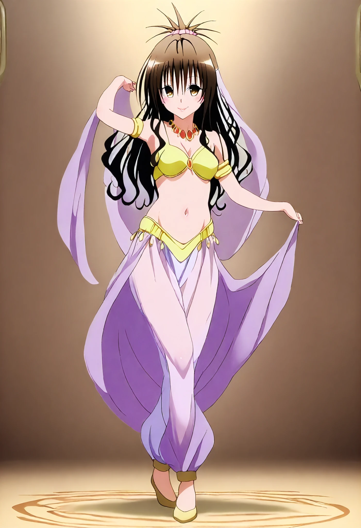 (1girl:1 . 5) , (Seul:1 . 5) , score_9 , score_8_haut , score_7_haut , source_anime , Official work  , ultra-detailed , masterpiece , best quality , high resolution , beaux yeux , detailed eyes , Detailed face , beautiful detailed eyes,brown eyes, brown hair, hair ornament, hair scrunchie, long hair, pink scrunchie, To Love Ru,Mikan Yuuki ,Arabian Clothes , Arabian Dancer ,belly dancer costume,belly dancer outfit ,full body,golden jewelery,armlet, belly dancing,arabian theater,seductive smile, dancing with veil, dynamic movement,dance posture, seductive pose