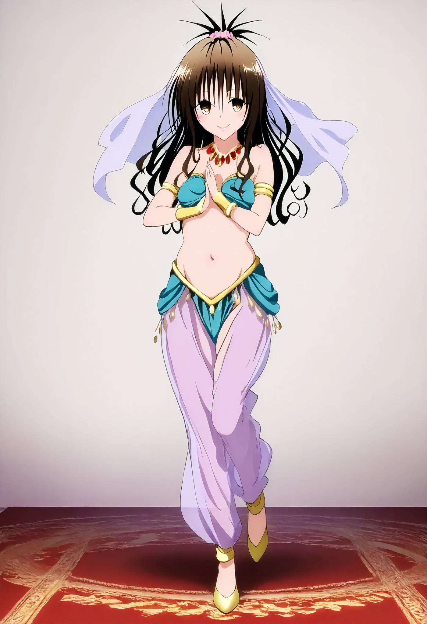 (1girl:1 . 5) , (Seul:1 . 5) , score_9 , score_8_haut , score_7_haut , source_anime , Official work  , ultra-detailed , masterpiece , best quality , high resolution , beaux yeux , detailed eyes , Detailed face , beautiful detailed eyes,brown eyes, brown hair, hair ornament, hair scrunchie, long hair, pink scrunchie, To Love Ru,Mikan Yuuki ,Arabian Clothes , Arabian Dancer ,belly dancer costume,belly dancer outfit ,full body,golden jewelery,armlet, belly dancing,arabian theater,seductive smile, dancing with veil, dynamic movement,dance posture, seductive pose