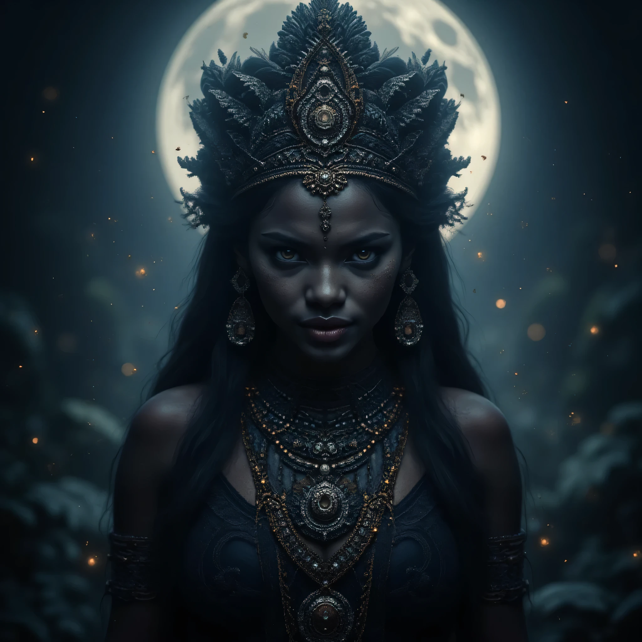 An accurate traditional depiction of the navadurga goddess, Kalarathri in the mystical midnight of Navarathri, RAW, 8K HDR, Photorealistic, depth of field, cinematic vibe