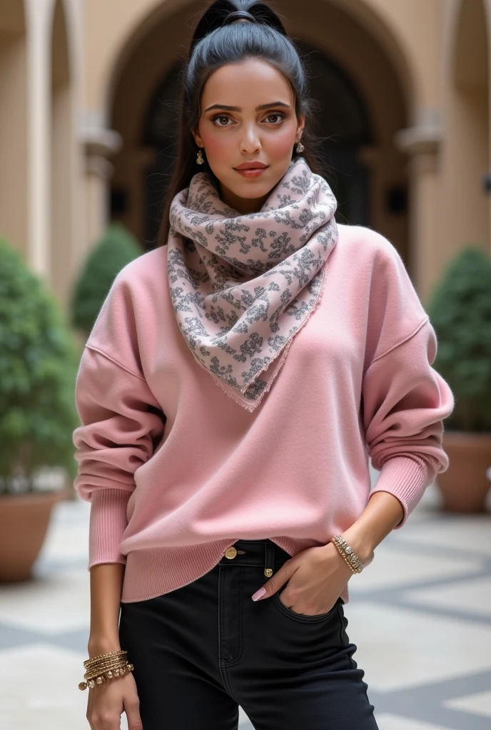 femme de 25 ans, brune, yeux marrons, chemisier blanc, Scottish pleated skirt, foulard autour du cou, dans les gradins d'un gymnase