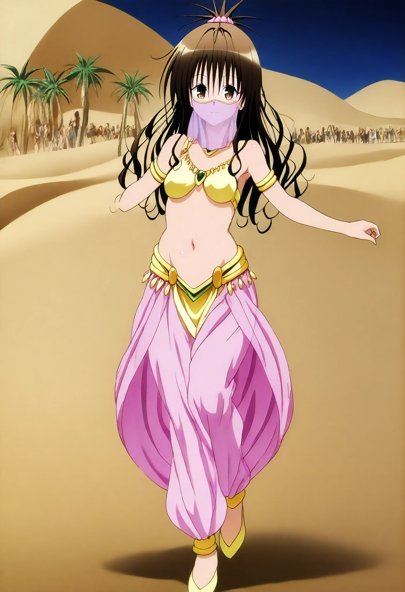 (1girl:1 . 5) , (Seul:1 . 5) , score_9 , score_8_haut , score_7_haut , source_anime , Official work  , ultra-detailed , masterpiece , best quality , high resolution , beaux yeux , detailed eyes , Detailed face , beautiful detailed eyes,brown eyes, brown hair, hair ornament, hair scrunchie, long hair, pink scrunchie, To Love Ru,Mikan Yuuki ,Arabian Clothes , Arabian Dancer ,belly dancer costume,belly dancer outfit ,full body,golden jewelery,mouth veil,armlet, belly dancing,night,desert lands,palm tree,seductive smile, dancing with veil, dynamic movement,dance posture, seductive pose