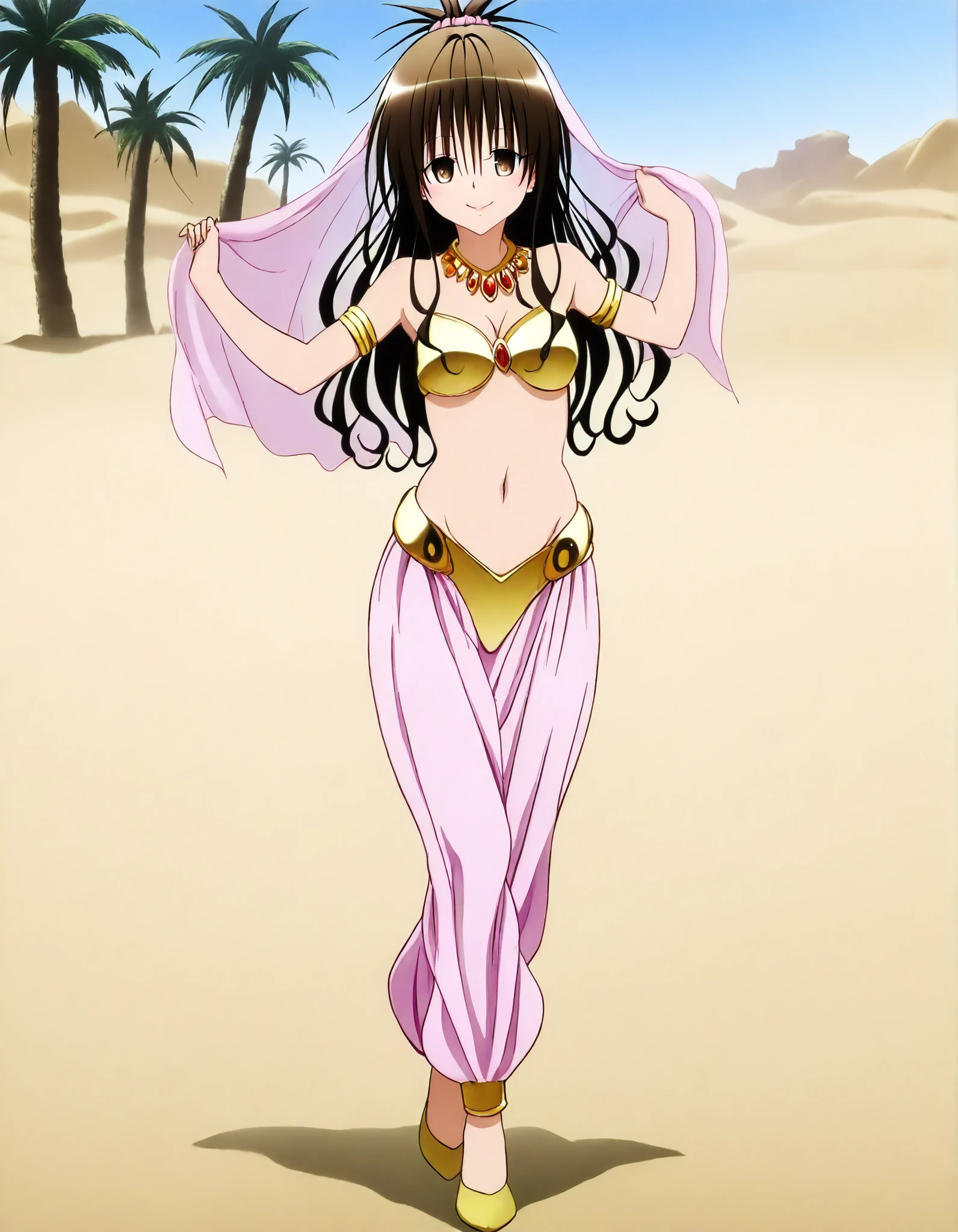 (1girl:1 . 5) , (Seul:1 . 5) , score_9 , score_8_haut , score_7_haut , source_anime , Official work  , ultra-detailed , masterpiece , best quality , high resolution , beaux yeux , detailed eyes , Detailed face , beautiful detailed eyes,brown eyes, brown hair, hair ornament, hair scrunchie, long hair, pink scrunchie, To Love Ru,Mikan Yuuki ,Arabian Clothes , Arabian Dancer ,belly dancer costume,belly dancer outfit ,full body,golden jewelery,armlet, belly dancing,desert lands,palm tree,seductive smile, dancing with veil, dynamic movement,dance posture, seductive pose