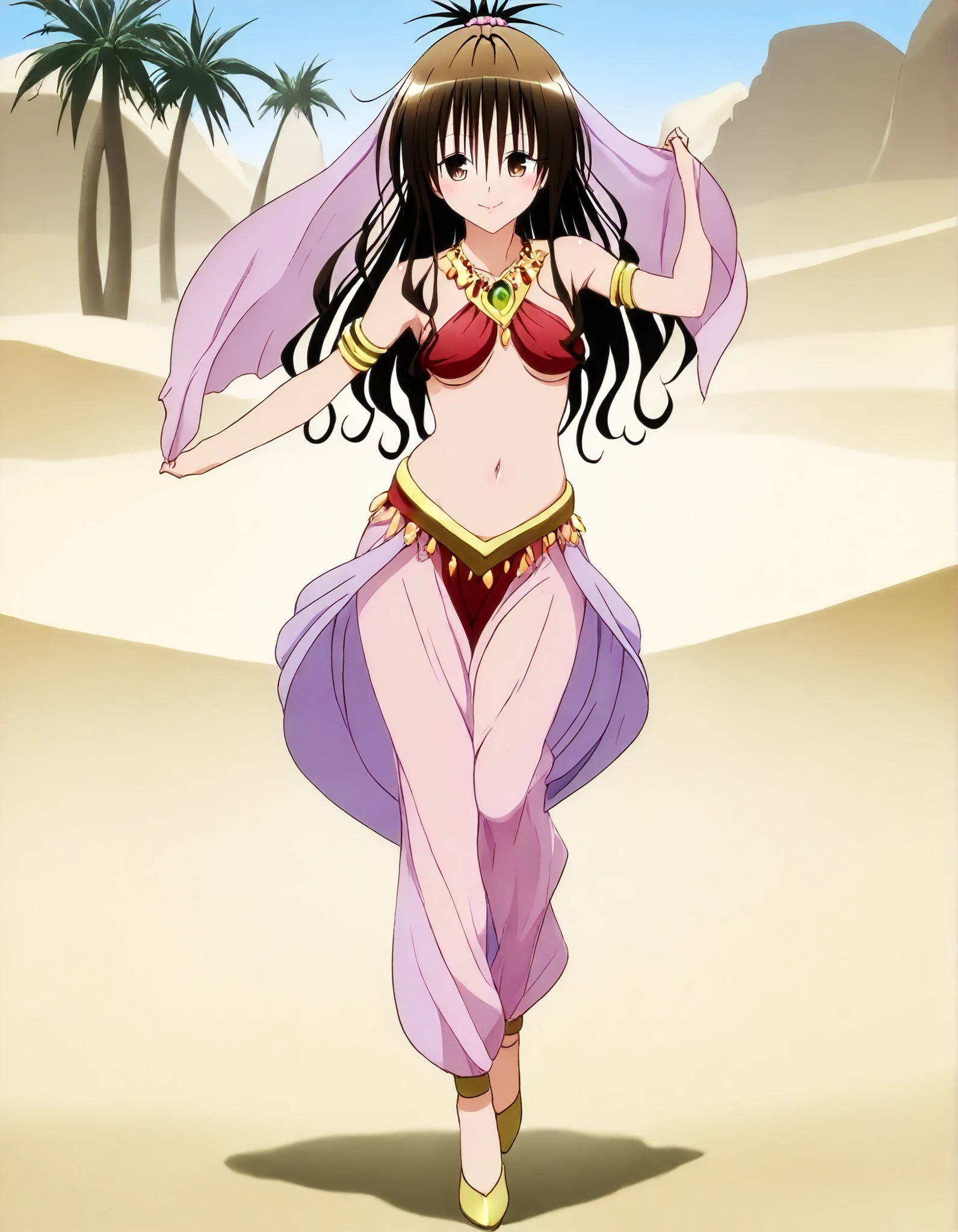 (1girl:1 . 5) , (Seul:1 . 5) , score_9 , score_8_haut , score_7_haut , source_anime , Official work  , ultra-detailed , masterpiece , best quality , high resolution , beaux yeux , detailed eyes , Detailed face , beautiful detailed eyes,brown eyes, brown hair, hair ornament, hair scrunchie, long hair, pink scrunchie, To Love Ru,Mikan Yuuki ,Arabian Clothes , Arabian Dancer ,belly dancer costume,belly dancer outfit ,full body,golden jewelery,armlet, belly dancing,desert lands,palm tree,seductive smile, dancing with veil, dynamic movement,dance posture, seductive pose