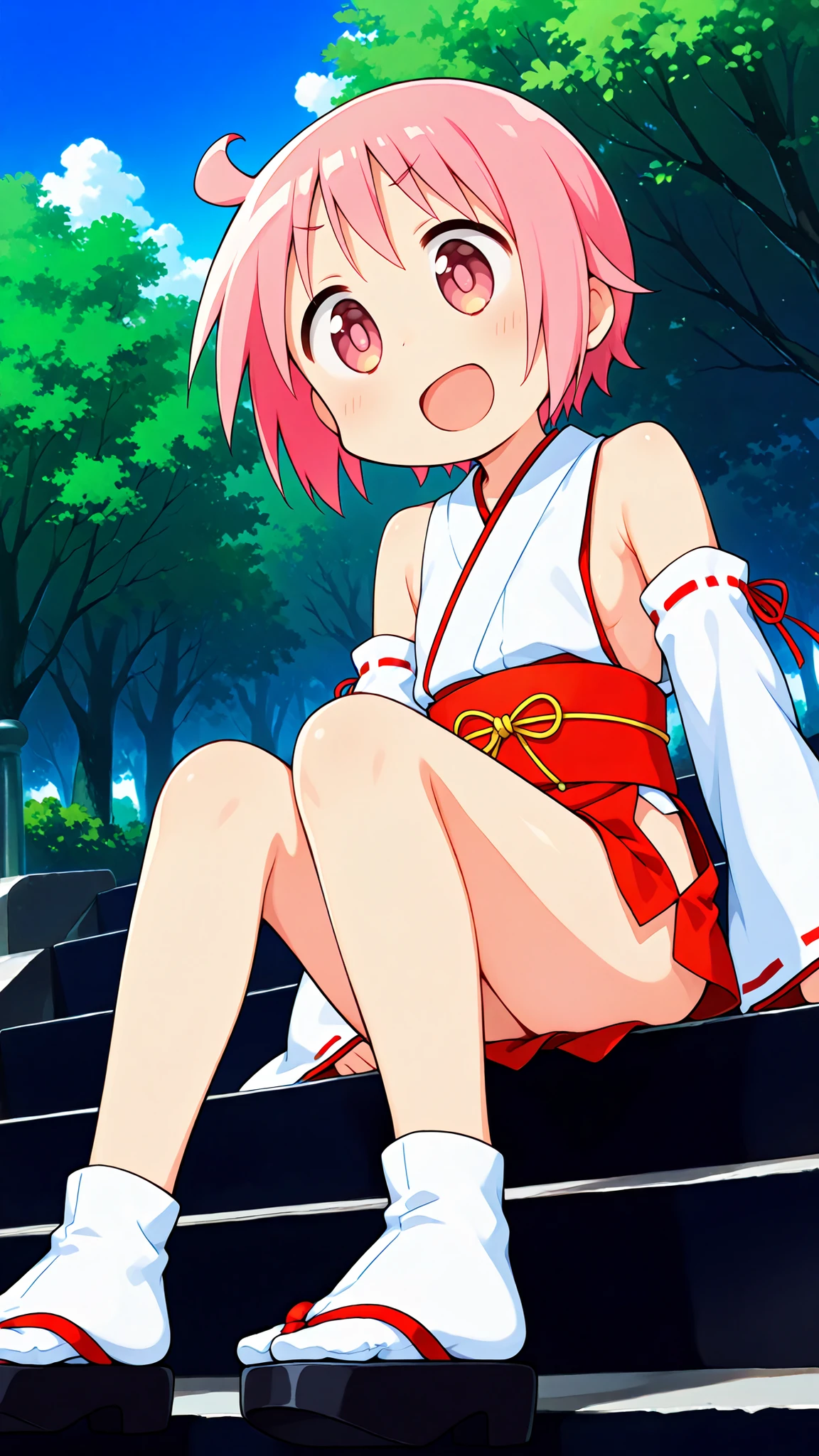 ,nonohara yuzuko, pink hair, short hair,(ahoge), pink eyes,bangs,((anime style)),score_9, score_8_up, score_7_up, source_anime,solo,1girl, ((miko)), white tabi,black okobo, ((((mini slit red skirt)))),((Obi)) ,((Obi knot)), (flat chest) , ((side boob)) , (No panties) , ((exposed shoulders)) ,((detached white sleeves)),(ribbon-trimmed sleeves),happy,(((park stairs))),((blue sky)),((low angle)),((knees up))
,v-shaped eyebrows,looking at viewers,(glimpse of her thighs),((sitting on stairs))
