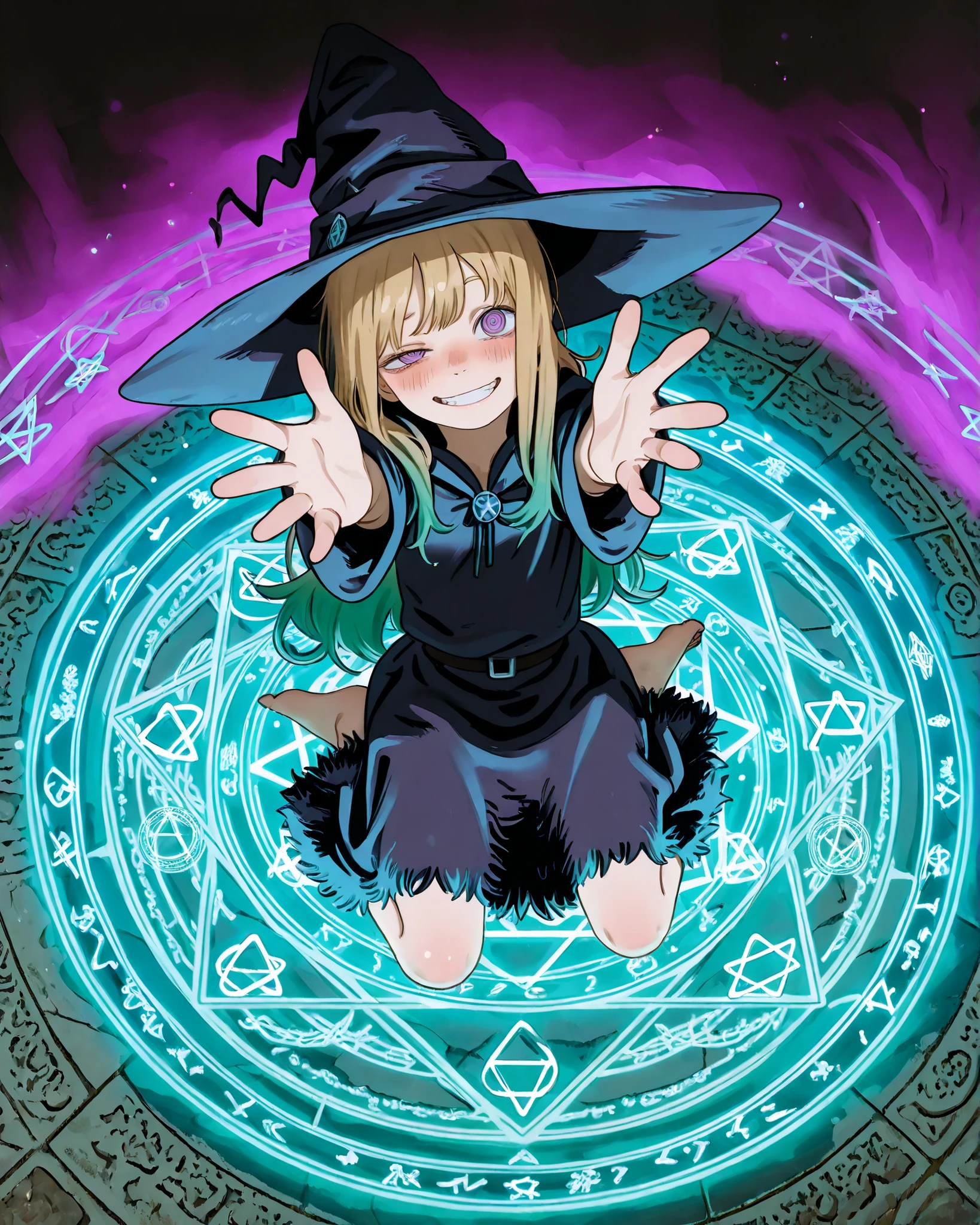 fujimoto,((FujimotoMangaStyle)), ((Fujimoto Tatsuki style)), ((Masterpiece)), ((best quality, amazing quality)), ((very aesthetic, absurdres, newest)), ((transparent background, mini background)), ((detailed background, negative space)), (wide shot, from above, underlighting), (+++), ((1girl)), Cute young Girl, (Healthy Gaunt body, Textured skin, small breast, tilt head), (pale purple eyes, ringed eyes, gradient eyes, uneven eyes, peering into the viewer), ((witch girl)), (very grin, Serrated teeth, blush), fluffy hair, long blonde hair, loose long bangs, (gradient hair, violet color Hair Tip), (black Witch robe, fuzzy midium skirt), (put on Black Witch Hat, Wide-brimmed hat), BREAK loose sitting, wariza, Barefoot sole, Mysterious ankle string, (incoming hug, reaching out arm at front), kawaii, ((on the Hexagram Magic Circle, turquoise green Magic Circle)), glowing iridescent rainbow smoke, indoor, (Hexagram, aged painting), european architecture,