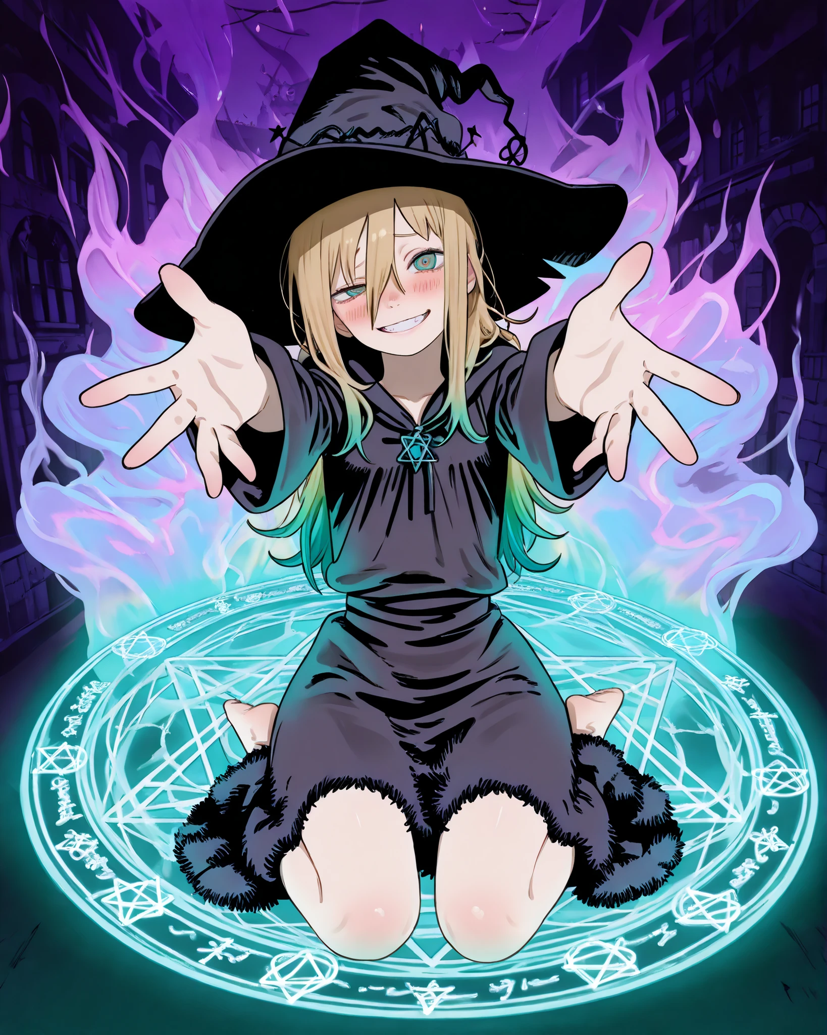 fujimoto,((FujimotoMangaStyle)), ((Fujimoto Tatsuki style)), ((Masterpiece)), ((best quality, amazing quality)), ((very aesthetic, absurdres, newest)), ((transparent background, mini background)), ((detailed background, negative space)), (wide shot, underlighting), (+++), ((1girl)), Cute young Girl, (Healthy Gaunt body, Textured skin, small breast, tilt head), (pale purple eyes, ringed eyes, gradient eyes, uneven eyes, peering into the viewer), ((witch girl)), (very grin, Serrated teeth, blush), fluffy hair, long blonde hair, (hair between eyes, long bangs, Asymmetrical side bangs), (gradient hair, violet color Hair Tip), (black Witch robe, fuzzy midium skirt), (put on Black Witch Hat, Wide-brimmed hat), BREAK loose sitting, wariza, Barefoot sole, Mysterious ankle string, (incoming hug, reaching out arm at front), kawaii, ((on the Hexagram Magic Circle, turquoise green Magic Circle)), glowing iridescent rainbow smoke, indoor, (Hexagram, aged painting), european architecture,