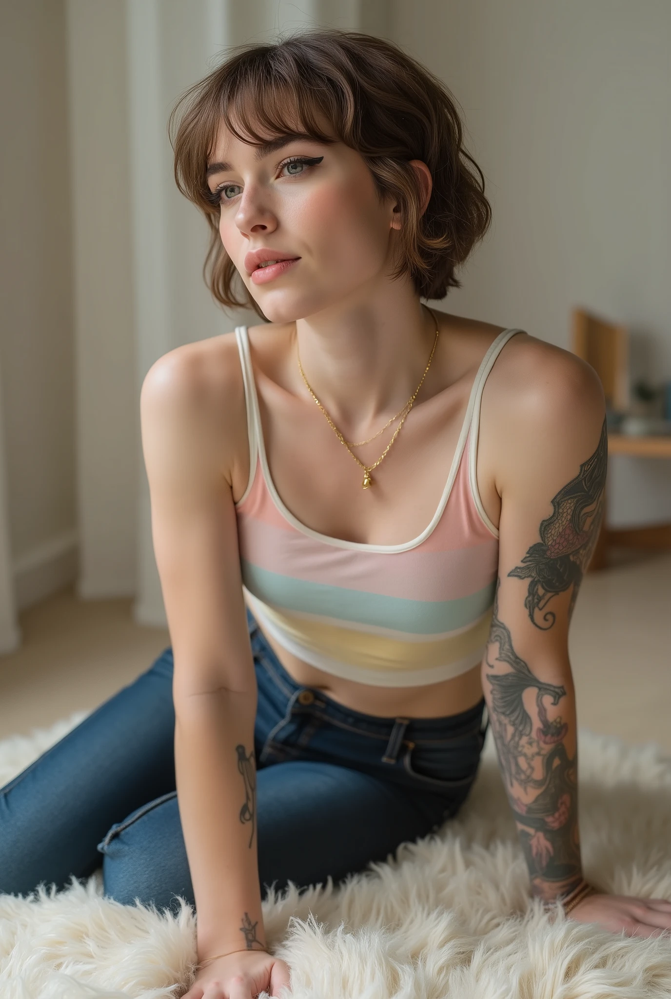 young adult femboy, full body shot, white european, androgynous, crossdressing, slender petite build, flat , narrow , smooth light skin, no body hair, soft facial features, winged eyeliner, short tousled bob hairstyle, casual hair across forehead, pastel tank top with white trims, slightly cropped to reveal hint of midriff, tight dark blue jeans, denim is skinny on the legs, tattoos on arms and shoulders, necklaces, feminine outfit on male body, slender legs, androgynous aesthetic, realistic, detailed, crawling on fluffy carpet
