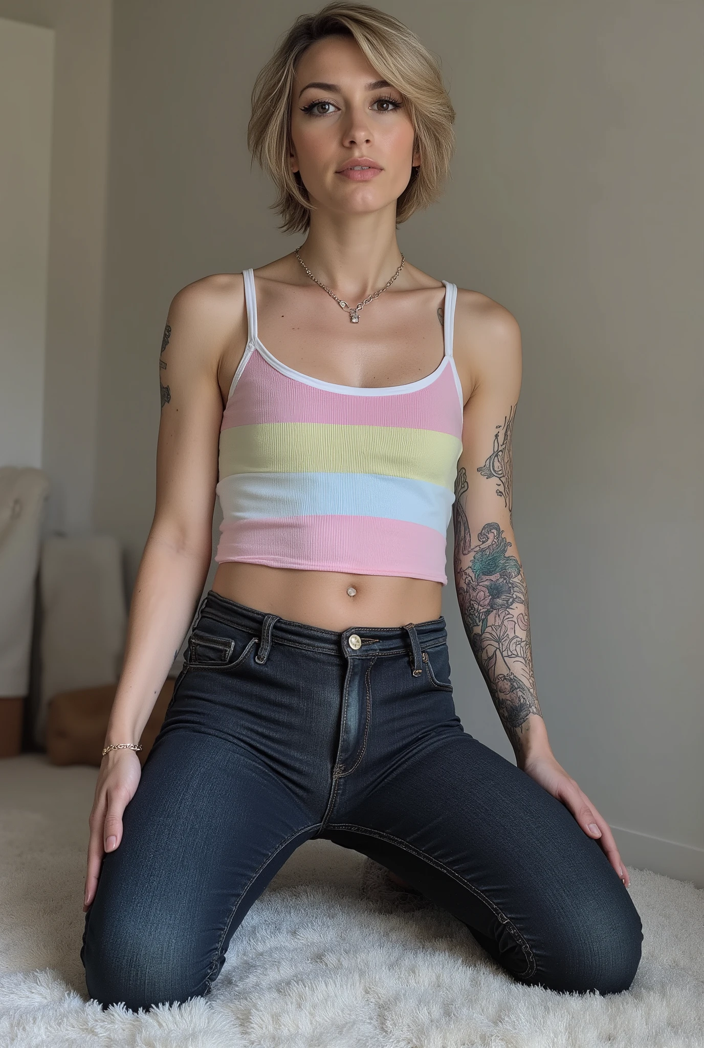 young adult cute femboy, full body shot, white european, androgynous, crossdressing, slender petite build, flat , narrow , smooth light skin, no body hair, soft facial features, winged eyeliner, short tousled bob hairstyle, casual hair across forehead, pastel tank top with white trims, slightly cropped to reveal hint of midriff, tight dark blue jeans, denim is skinny on the legs, tattoos on arms and shoulders, necklaces, feminine outfit on male body, slender legs, androgynous aesthetic, realistic, detailed, crawling on fluffy carpet, side view,  visible in picture

