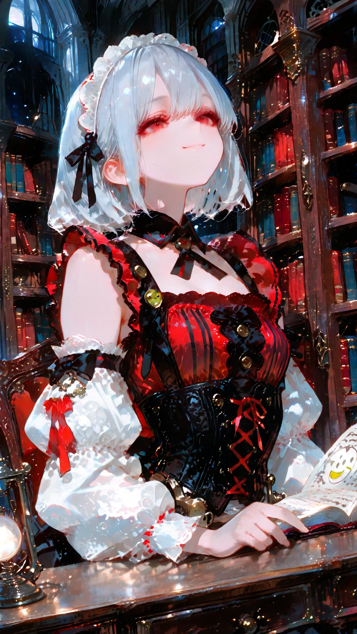 Highest Quality, An Artistic Masterpiece, expressed in every detail, Sleeveless Maid Clothes, Has a Smiley Smile , Red and Black Striped Ruffle Blouse, Puff Sleeve Style Design, Corset Style Decorations, Lace Up Details, short hair, Silver Hair, red eyes, Library, space surrounded by bookshelves, Antique-style desk, The soft light of the reading lamp, calm atmosphere