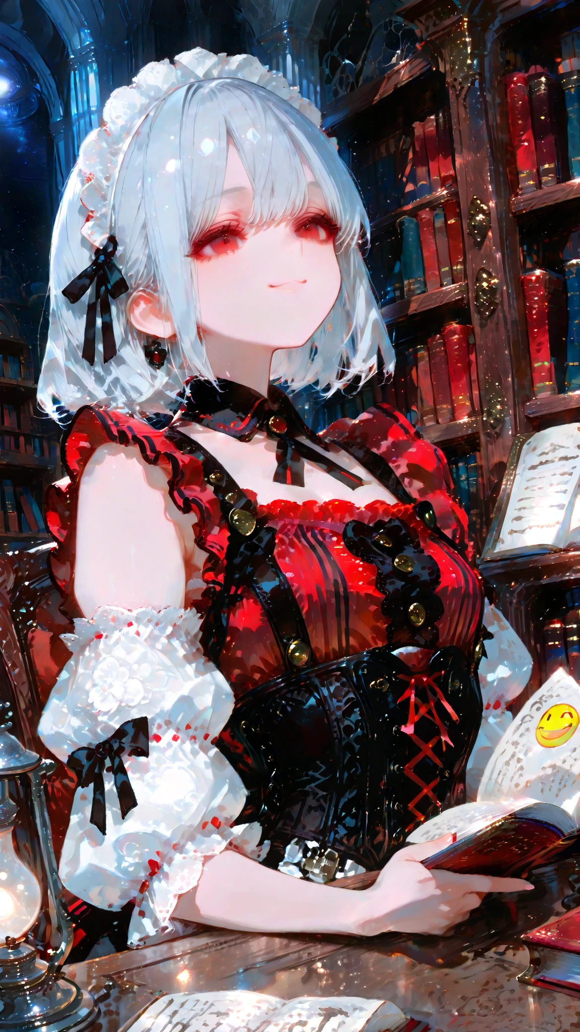 Highest Quality, An Artistic Masterpiece, expressed in every detail, Sleeveless Maid Clothes, Has a Smiley Smile , Red and Black Striped Ruffle Blouse, Puff Sleeve Style Design, Corset Style Decorations, Lace Up Details, short hair, Silver Hair, red eyes, Library, space surrounded by bookshelves, Antique-style desk, The soft light of the reading lamp, calm atmosphere
