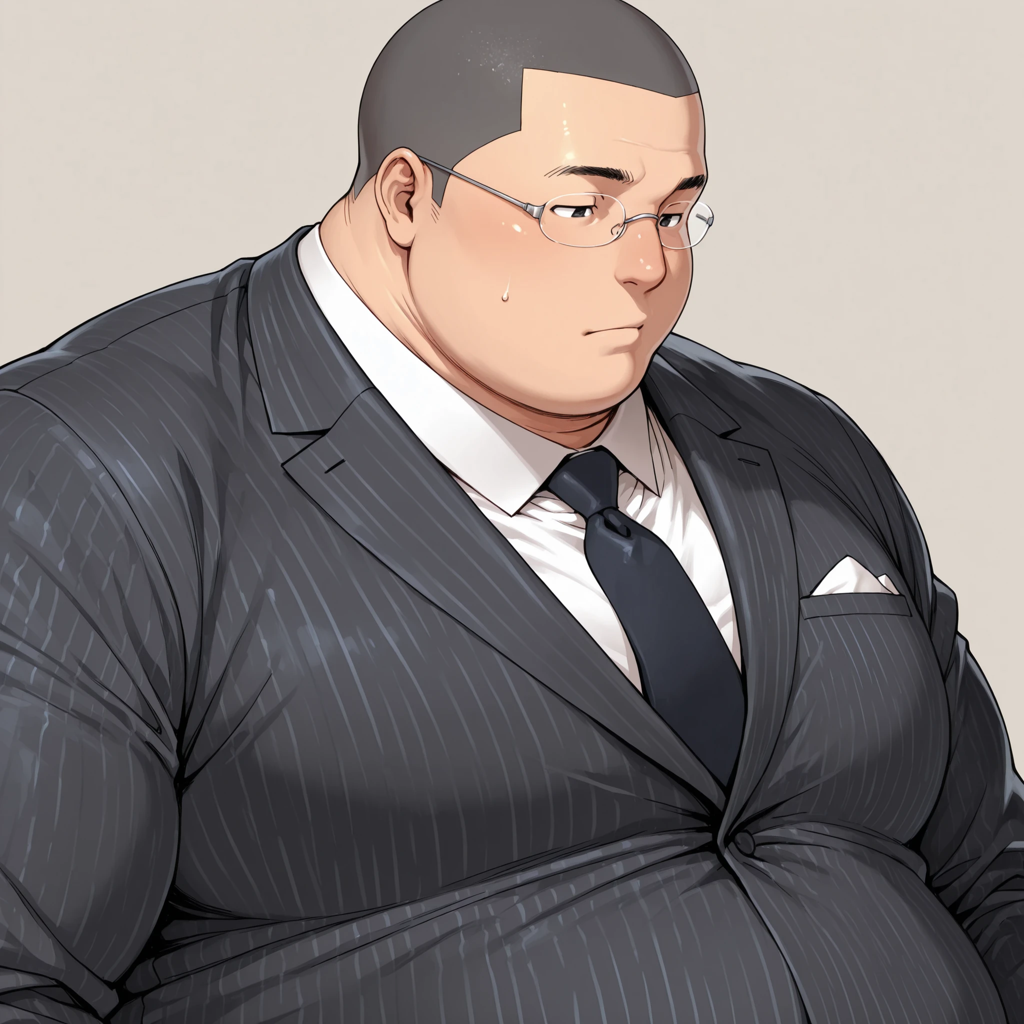 obese guy,upper body,suit,Japanese,male focus,rimless glasses,buzz cut