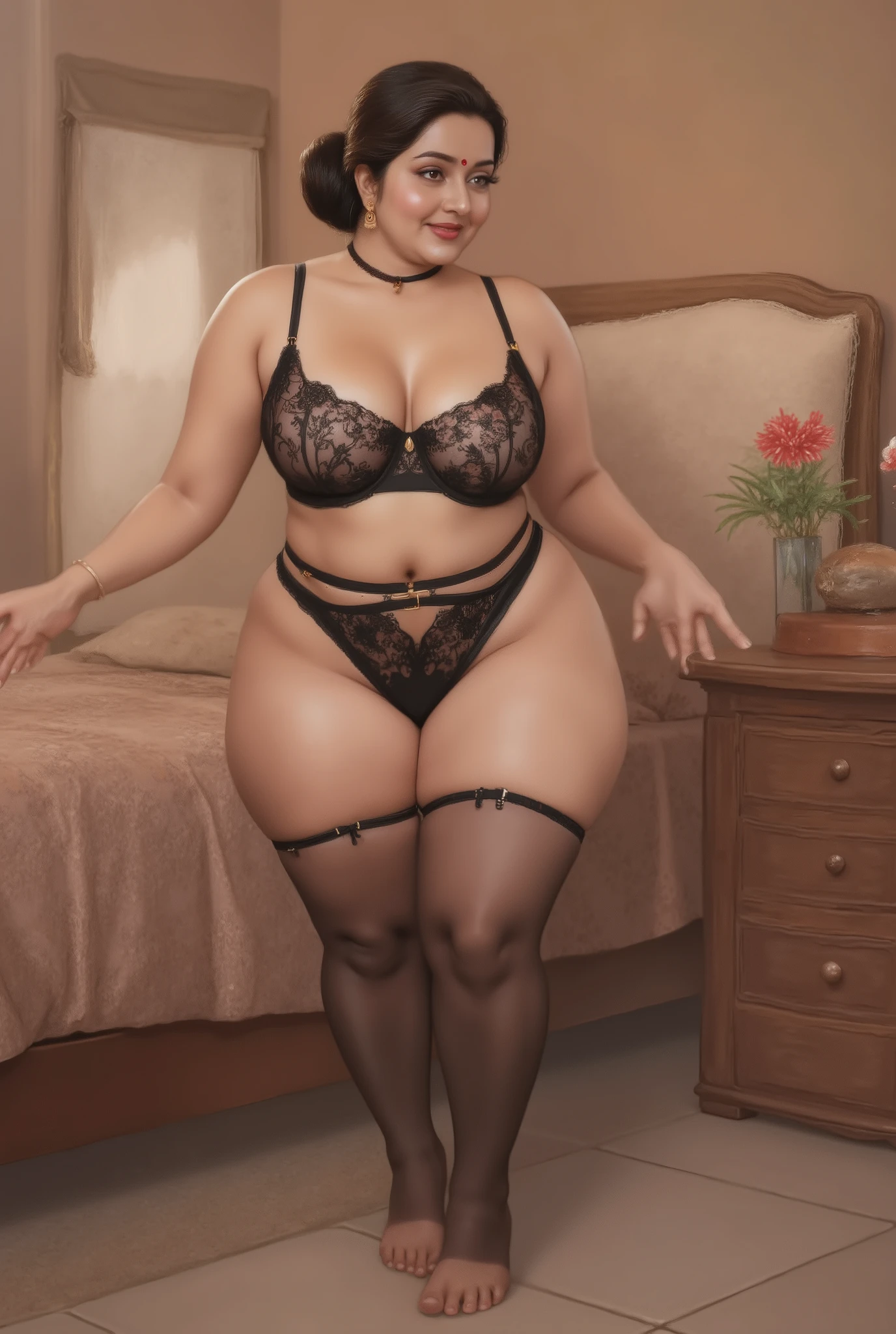 A breathtaking high-quality painting by renowned artist Manimala, centered composition, perfect framing, no cropping, full body shot , depicting a beautiful 45-year-old Indian woman, (Full body image (top to bottom), voluptuous body, chubby Indian plus sized 40 year old, lovely face, inviting smile, , belley button exposed,  expression in eyes, confident), curvaceous and busty with  and deep cleavage, intricate facial features, serene expression, She wears a red bindi, delicate gold earrings but black neck choker jewelry, and a traditional low bun hairstyle with dark, glossy hair parted slightly off-center. The bun is neatly coiled at the nape of the neck, giving an elegant and composed appearance. A few soft, loose strands fall naturally around her temples and cheeks, gently framing her face. The hair has a healthy sheen, appearing well-groomed yet effortlessly graceful, adding a romantic, slightly tousled charm, standing seductively and looking at the viewer in a warmly lit, divine traditional Indian bedroom wearing br1dal black lingerie with stockings,wearing neck chokers (better pose, better hands), soft volumetric lighting, goddess-like presence, ultra-detailed, vivid hues, 4K resolution, professional masterpiece, highly realistic textures, cinematic depth, intricate brushstrokes, ethereal ambiance, evocative and serene. Wide , thick calves, fashion,beautiful feet. Romantic room,elegant tile flooring.