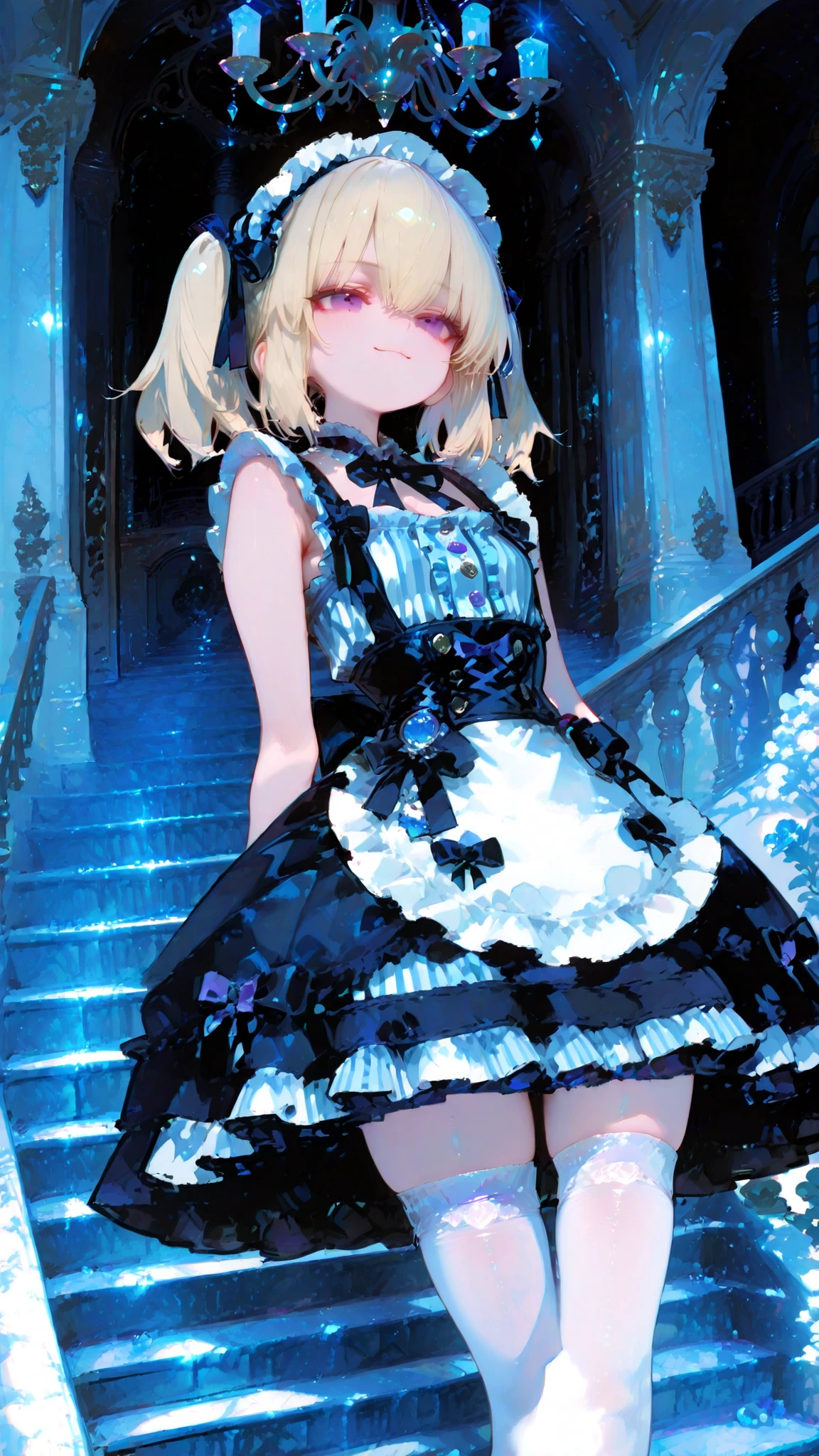 super definition, RAW pictures, high resolution, Sleeveless Maid Clothes, gentle smile, blue and white striped ruffle blouse, gothic lolita style, Knee Length Skirt, white stockings, maid Katyusha, twin tails, Blonde, Purple Eyes, gorgeous chandelier, Marble stairs,  Light at Dusk , Fantastic Atmosphere
