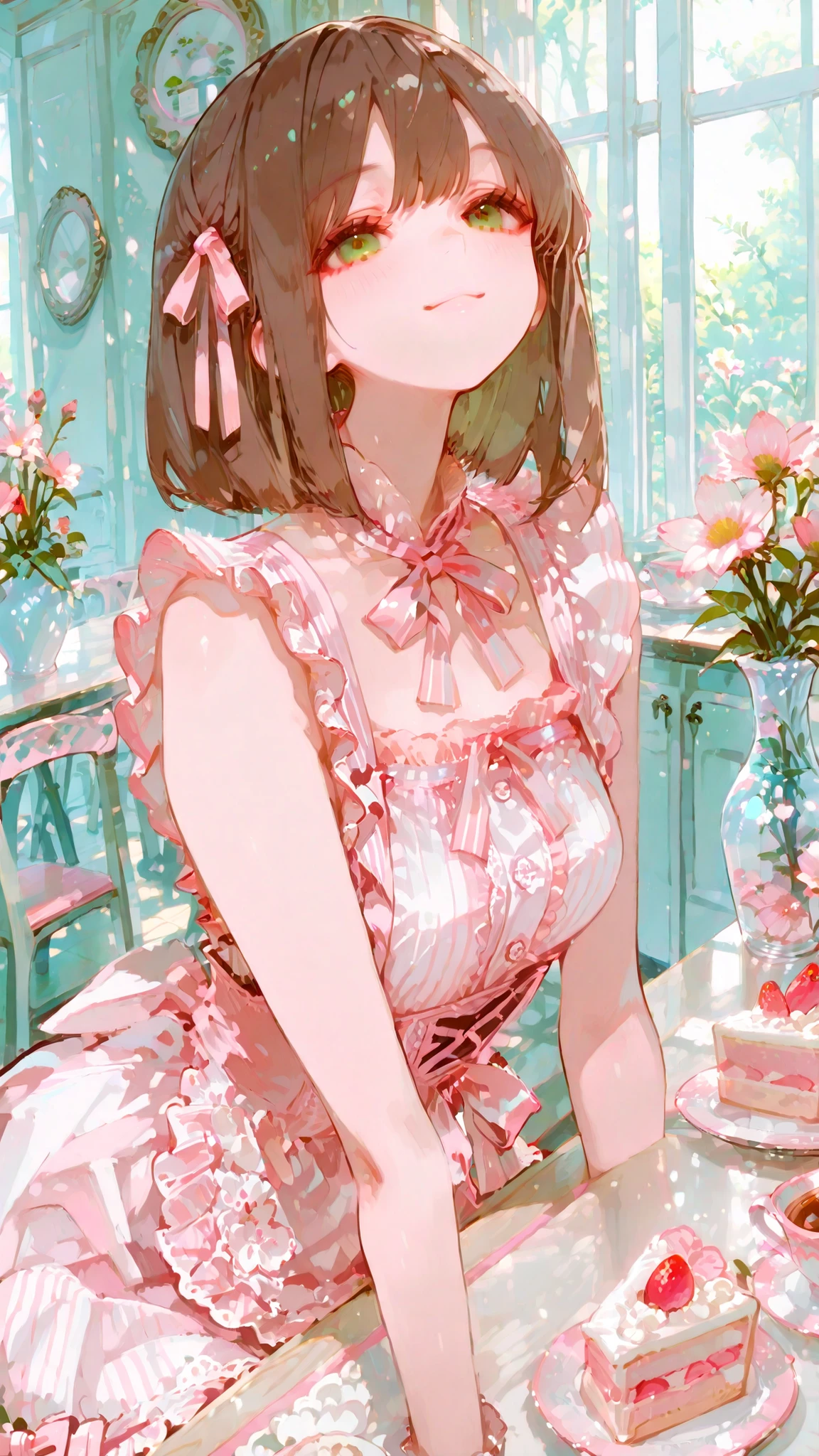 masterpiece, detailed down to the smallest detail, 8K Wallpaper, Sleeveless Maid Clothes, Bright smile, Pink and White Striped Ruffle Blouse, Lace Apron, Ribbon Embellishment , slender figure, bob cut, brown hair, GREEN EYES, cafeteria, Table Setting Medium, cake and tea set, natural light from the window, Flowers in a vase